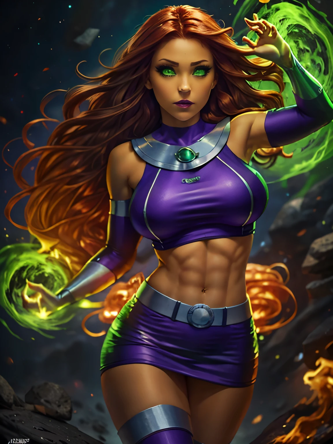(best quality, masterpiece), (1Woman), beautiful Woman, Large Breasts, realistic, narrow waist, charming, colorful makeup, Smoky eye shadow, Dark Eyeliner. long eyelashes, (cute), (detailed face), detailed eyes, detailed iris, StarfireDC, green eyes, red hair, glowing eyes, (purple crop top:1.2), green pearl, bare shoulders, midriff, purple miniskirt, purple thighhighs, belt