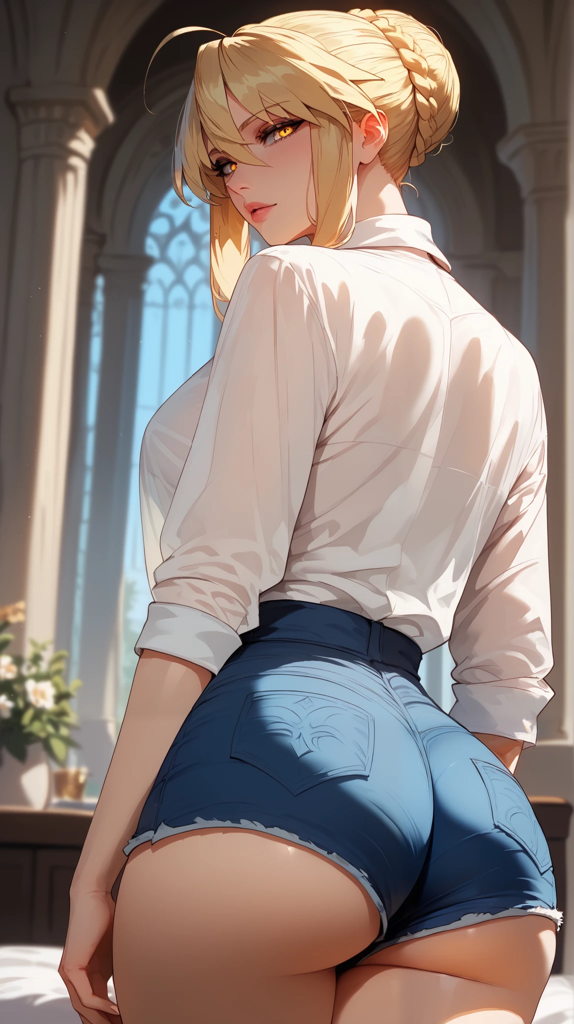 High resolution, Very detailed, perfect lighting, beautiful detailed eyes, ((masterpiece,Best Quality)), absurdities, alone, princess zelda, by the width, crown braid, Hair clip, pointy ears, corset azul, long sleeves, Gloves without fingers, black gloves, tight latex pants, smile, curves, nod, , deep neckline, deep neckline, NSFW, visible , tight latex pants, view from behind, view from behind, big butt, butt