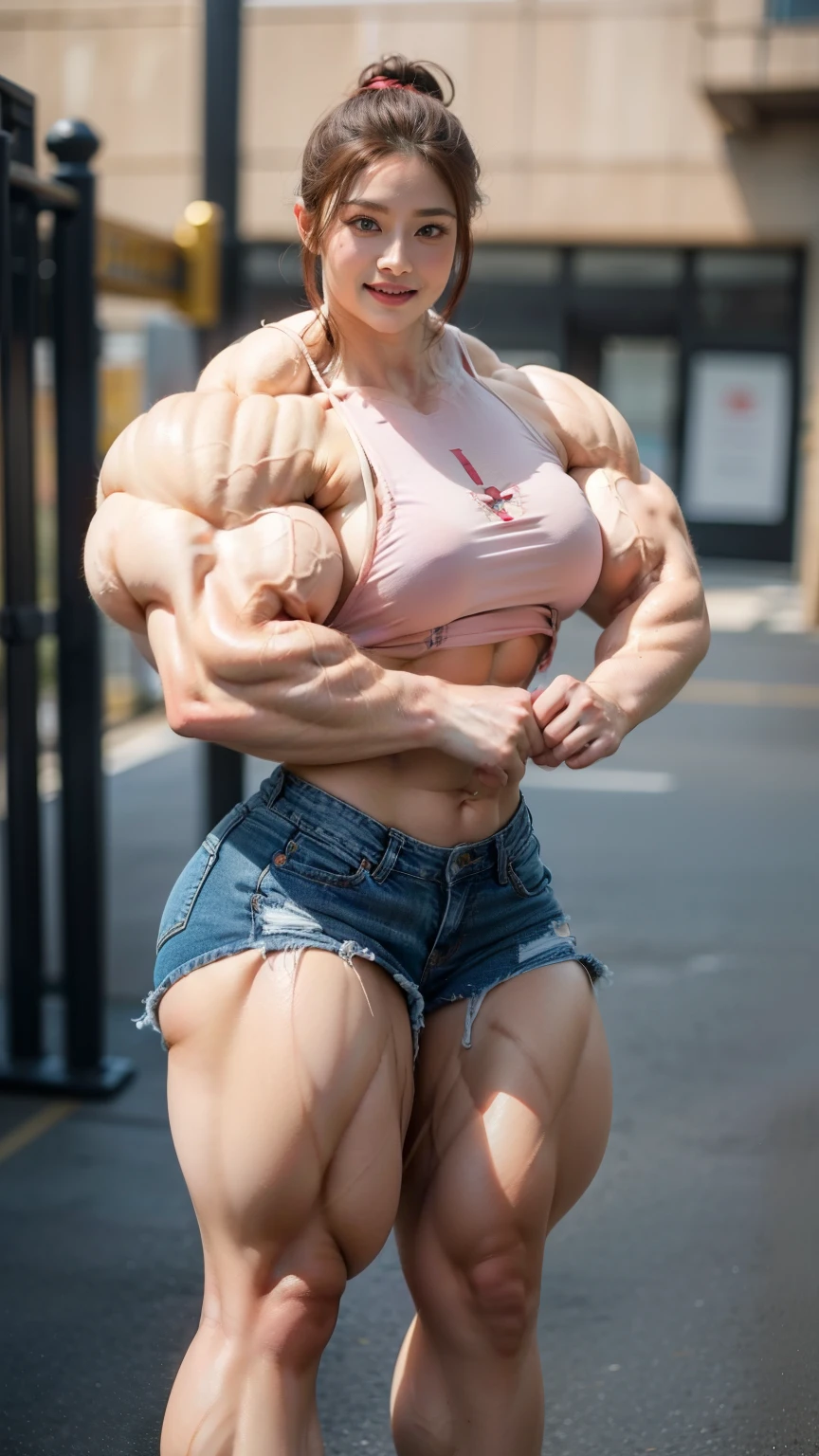 Sophie Turner as a hulking big, huge, enormous, buff, giant, Female bodybuilder, muscle goddess, huge arms and huge legs, giant enormous muscles, big beautiful eyes, with long hair, wearing ripped shorts, giant naked , walking barefoot in London, photorealistic