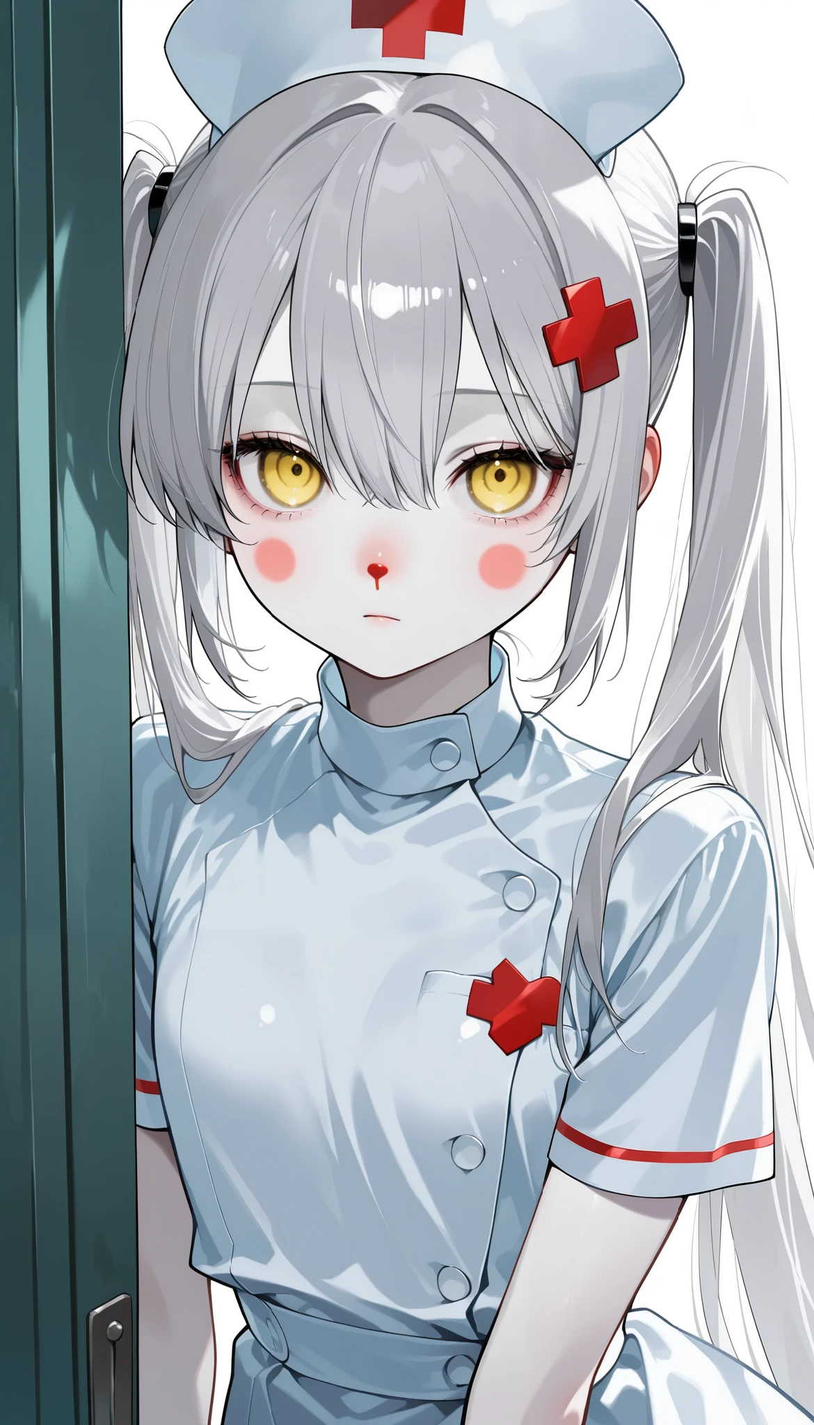  beautician  、 nurse uniform、 Please redeem 、masterpiece、 one girl、2、 white skin、 expressionless 、 raise the corner of the mouth、Gray Hair。 twin tails、 hair clip 、大きな hair clip 、Cute  hair clip s、 pale yellow eyes like Halloween 、 Small red cheeks and nose、 flat chest、 small breasts、 small breasts、Dead Eyes、 Dead Man &#39;s eyes、