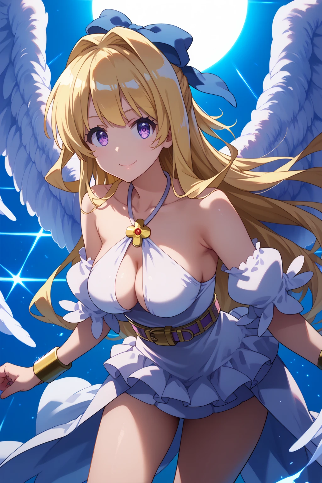 Beautiful woman, sky, blonde hair, blue eyes, angel, wings, white robe, big breasts, cleavage,