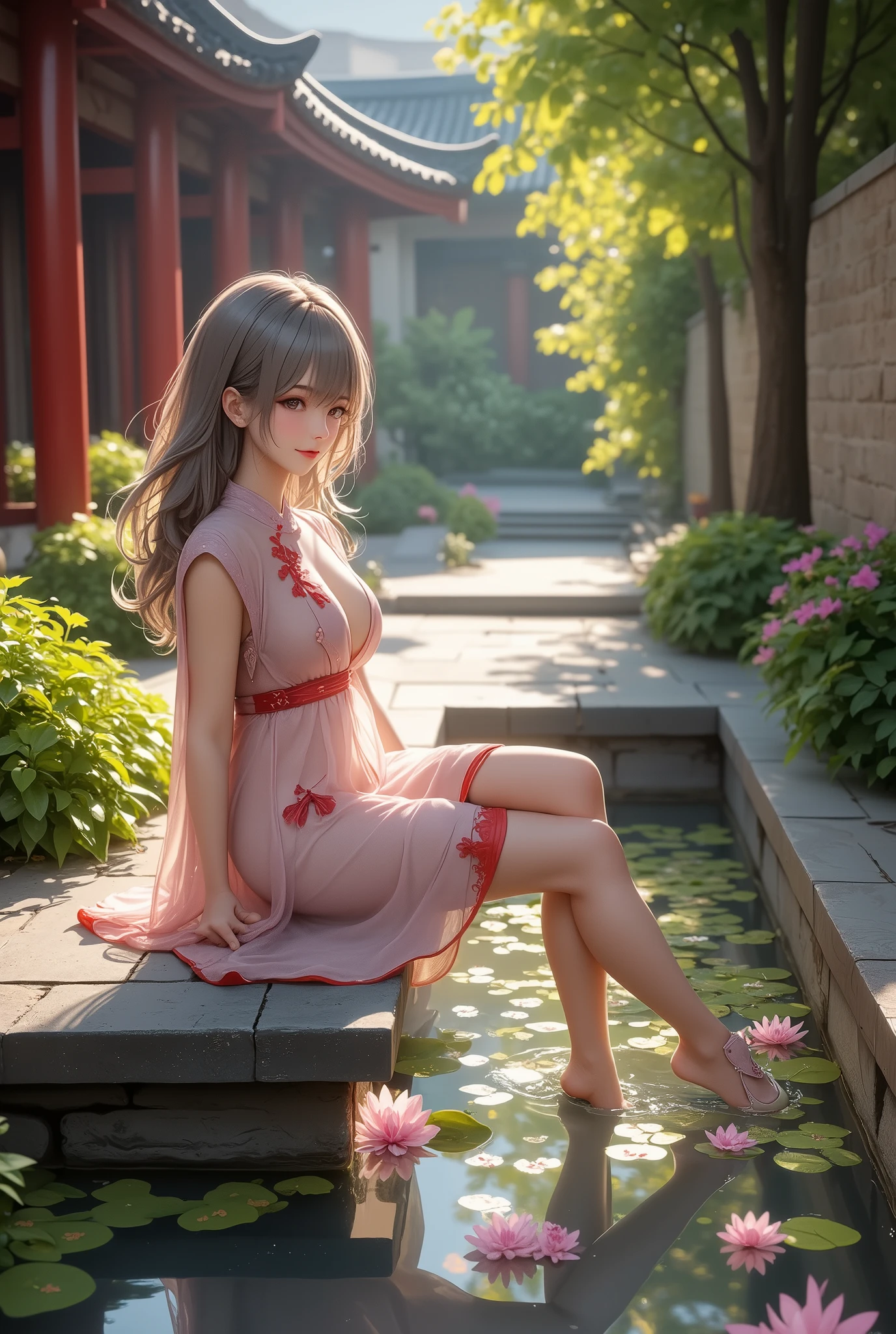 2D,  ancient style, Spring Garden, Outdoors, Gray Hair, Hanfu, nature, There's a pond in the courtyard , Begonia floating in a pond,  girl sitting on a bench in the hallway ,  is wearing a clear feather robe, ,  random positions,  complicated details,  best quality,  ray tracing,  rendering, 8k, masterpiece