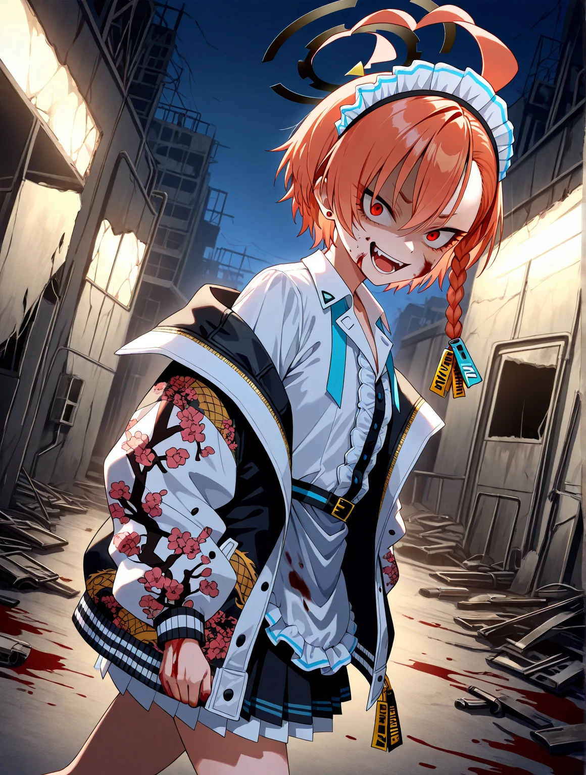 (safe:1.10), best quality, masterpiece, highres, solo, (neru_bluearchive:1.10), neru mikamo, halo, red hair, short hair, single braid, print jacket, Collared shirt, Long sleeves, Pleated skirt,  maid headdress,
walking, crazy eyes, evil grin, shaded face, outdoor, abandoned factory, night, blood on face, blood on clothes, blood on hand,
looking at viewer, face focus, from left side, ducht angle, cowboy shot,