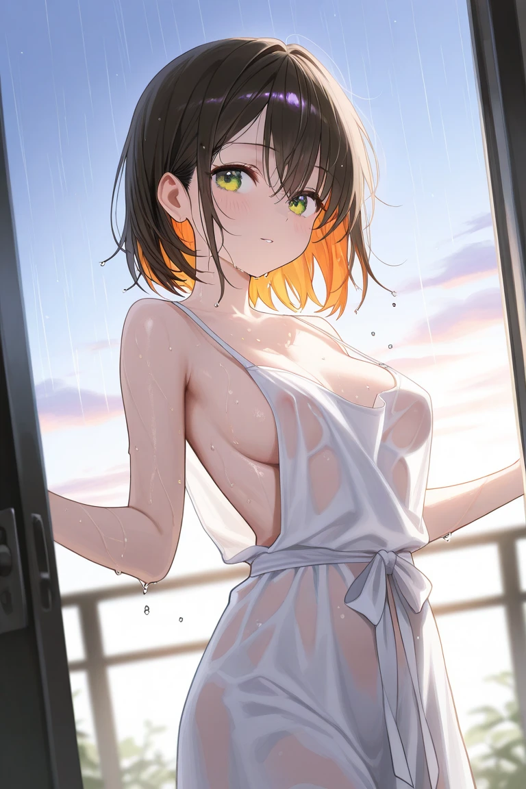 mano_sakuragi_\(idolm@ster\), (kinako_(shiratama_mochi style), detailed background, masterpiece, hyper realistic, realistic skin, best quality, 1girl, rooftop, medium breasts, huge nipples, erect nipples, looking at another, topless, full body, vector illustration, nipples, light smile, blunt bangs, short hair, stomach, navel, bare shoulders, light brown hair, laundry, clothesline, black skirt, white waist apron, sweaty, raining, blue sky, rinsing clothes, doing laundry, stretching, open mouth, resting, maid, wet body, windy