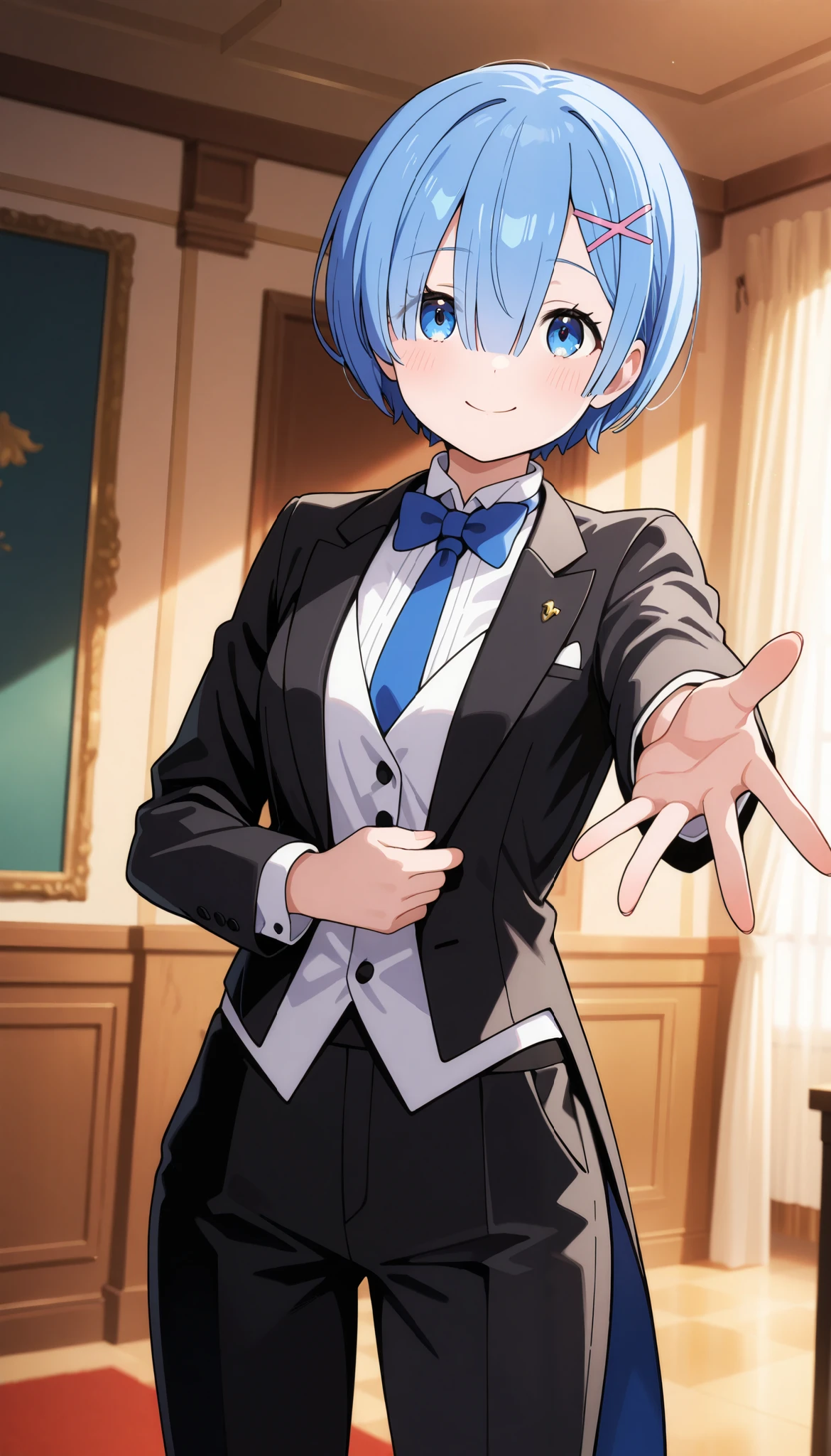 up1girl, solo, rem, blue hair,suit tuxedo , , short hair, bangs, sidelocks, indoors, standing,happy,smile,looking at viewer, cowboy shot, blue tie woman in formal attractive suit tuxedo tailcoat standing in a large alcove in the room, , reaching towards viewer , one hand , badass , hand on back
