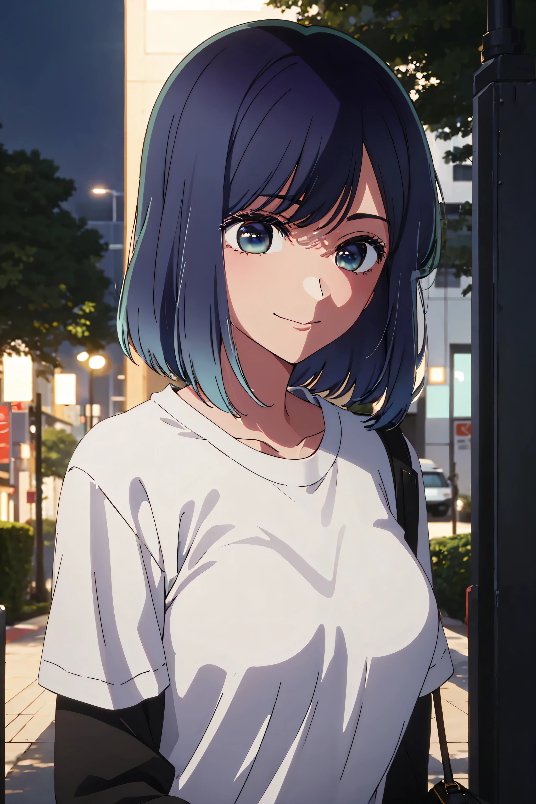 Masterpiece, best quality, beautiful, Akane Kurokawa, smiling, looking sideways, closer, focus on your face, perfect body, detailed and beautiful face,perfect face, major focus on her, clothes: white t-shirt, park, night, (atmospheric lighting)