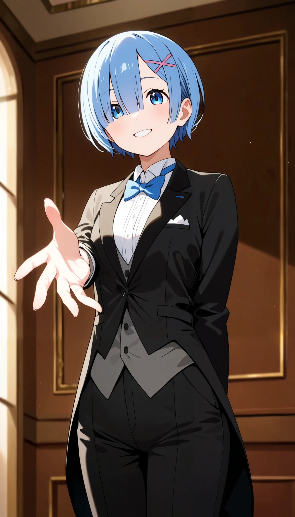 up1girl, solo, rem, blue hair,suit tuxedo , , short hair, bangs, sidelocks, indoors, standing,happy,smile,looking at viewer, cowboy shot, blue tie woman in formal attractive suit tuxedo tailcoat standing in a large alcove in the room, , reaching towards viewer , one hand , badass , hand on back