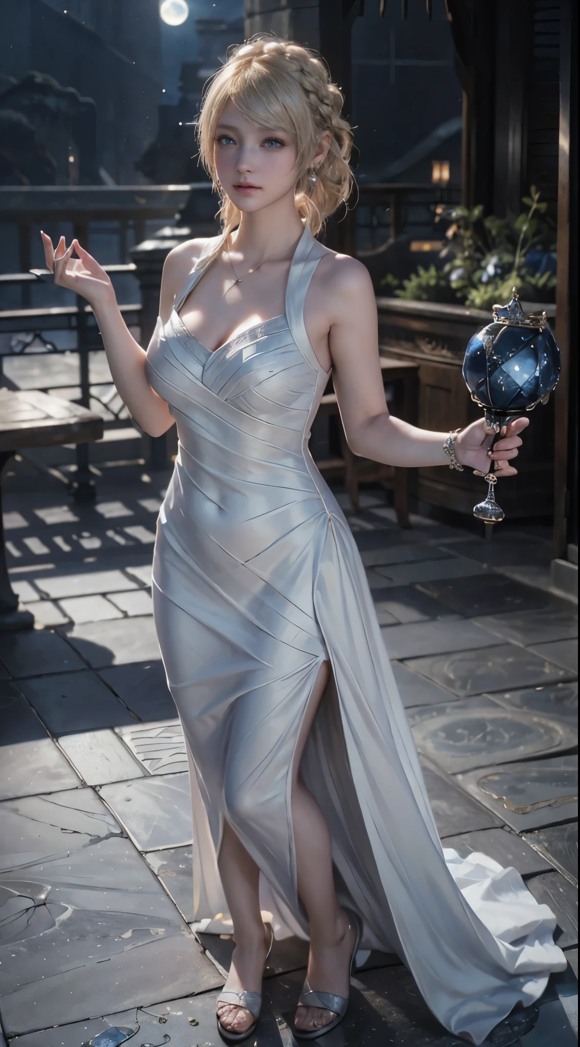 Landscape of a very beautiful 1girl, mature woman, (((face exposed)))!!!, (((cowboy shot)))!!!, (((front focus))), (((background Blurry))), Bokeh, lens flare, photography with Fujifilm XT3, depth of field, film grain, female focus, BREAK, Lunafreya/(Final Fantasy King's Glaive/), anime style, (((standing at dessert at night)))!!!, (((magical scenery at sky)))!!!!!, ((starry night_white full moon))!!, (looks at the audience with beautiful blue iris like Sapphire)!, Ultra detailed eyes, (Beautiful light Blue pupil's eye's like Sapphire:1.40)!, Stars in her fixed eyes, (homochromatic eyes)!!!, seductive smile, long sleevemouth, (thin fresh peach lips)!, (Blush)!, Perfect nose, Cute little nose, beatiful face, Face Clean, realistic Skin, hyper realistic, Perfect eyebrow appear through yellow hair, yellow hair bangs, (ultra shine yellow hair)!!, (((Compodour hairstyle)))!!!, (((crown braided hair)))!!!, earrings, (((necklace)))!!!!, ((dynamic composition)), BREAK, detached sleeves, bare shoulders, /(((wear original costume of lunafreya)))!!!, (((White long dress_bare shoulder)))!!!, (((sleeveless dress)))!!!, Plump breasts, (((Plump Breast Cleavage )))!!!, slim legs, open smooth thigh, Elagant, vivid color clothes, detailed realistic clothes, BREAK, Best Quality, Masterpiece, Ultra-detailed, Beautiful, hight resolution, Original, CG 8K, perfect photo, dramatic lighting, Beautiful lighting, (((((Realistic fantasy art)))))!!!!?, Realistic, Full HD, Best Quality, award winning, (8k wallpaper of extremely detailed CG unit), High Details, sharp-focus, The art of dramatic and photorealistic painting, ((at dessert_at night)), dynamic composition, breathtaking rendering, strong color, deep shadow,