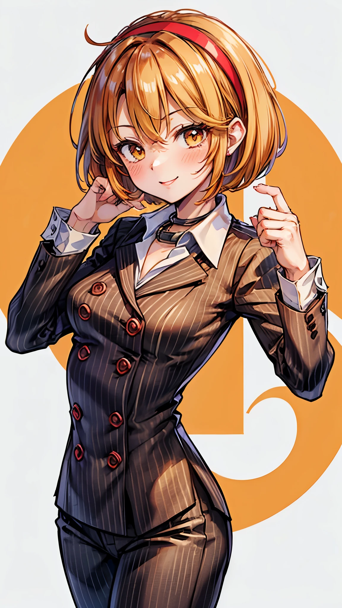 ( Super high quality, super high resolution,16k,super masterpiece,Ultra HD ,Detailed shading and background,)Sexy woman, orange short hair, red headband , Sexy White Shirt ,black suit and pants with striped pattern,smile,blush,Chinatown in the daytime,