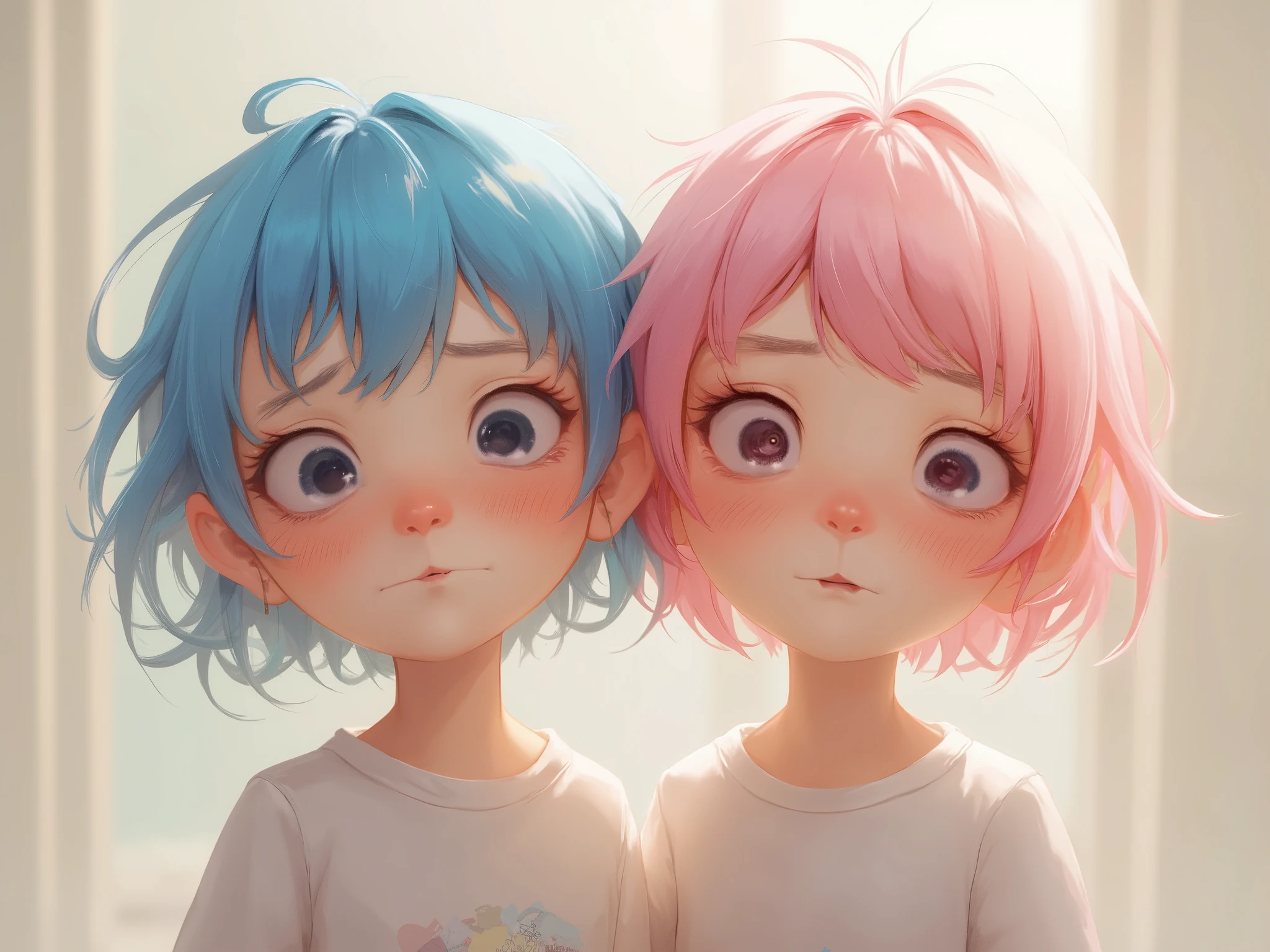 Two twin sisters. A twin with short blue hair and the other short pink hair. both with 1, 58 meters high 