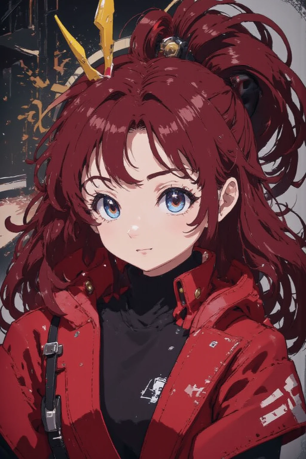 Girl with a neutral appearance , dark red long curly hair, Hair turned to the right, Blue eyes, Freckles around the eyes, A fluffy red coat over a black sweater, Gundam's yellow V-shaped blade antenna on the forehead