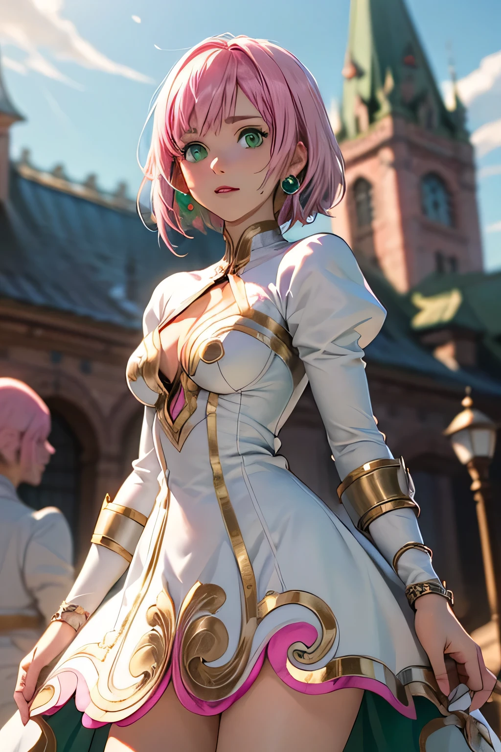  best quality, highest resolution,(((white dress with metallic luster　 green eyes　shiny pink hair　small breasts)))　Estellise　[blurry]　16k　Castle