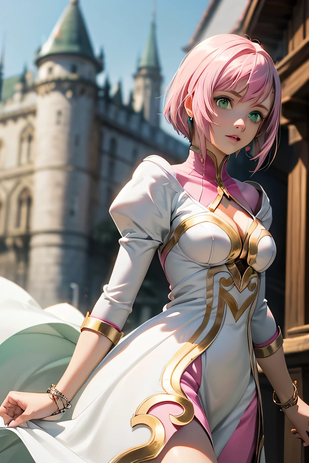  best quality, highest resolution,(((white dress with metallic luster　 green eyes　shiny pink hair　small breasts)))　Estellise　[blurry]　16k　Castle