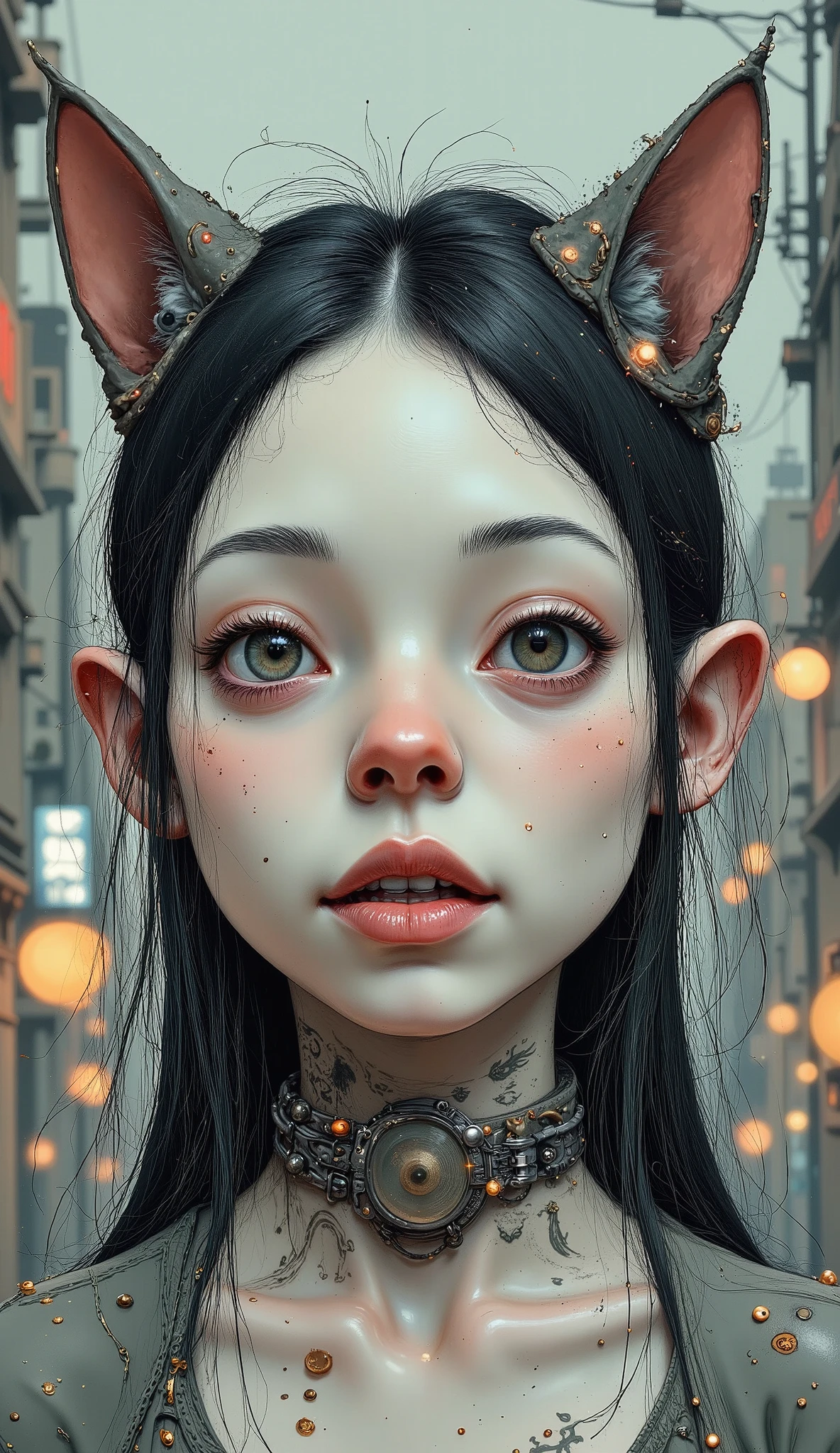 anime style , Grand general shot taken away from the camera :1.5, of a woman wearing a cat costume and cat ears, lenses over his head , cabello negro , tattoos on her face , dog collar on her neck with studs , chains, pending , long false eyelashes , cyberpunk art inspired by ross drawings , Art Station , Gothic art, ross drawings 1. 0, ross drawings 2. 0, :: ross drawings , work of art in the style of Guweiz , ross drawings 2. 5, ross drawings portrait, trend in illustration , wlop ross drawings