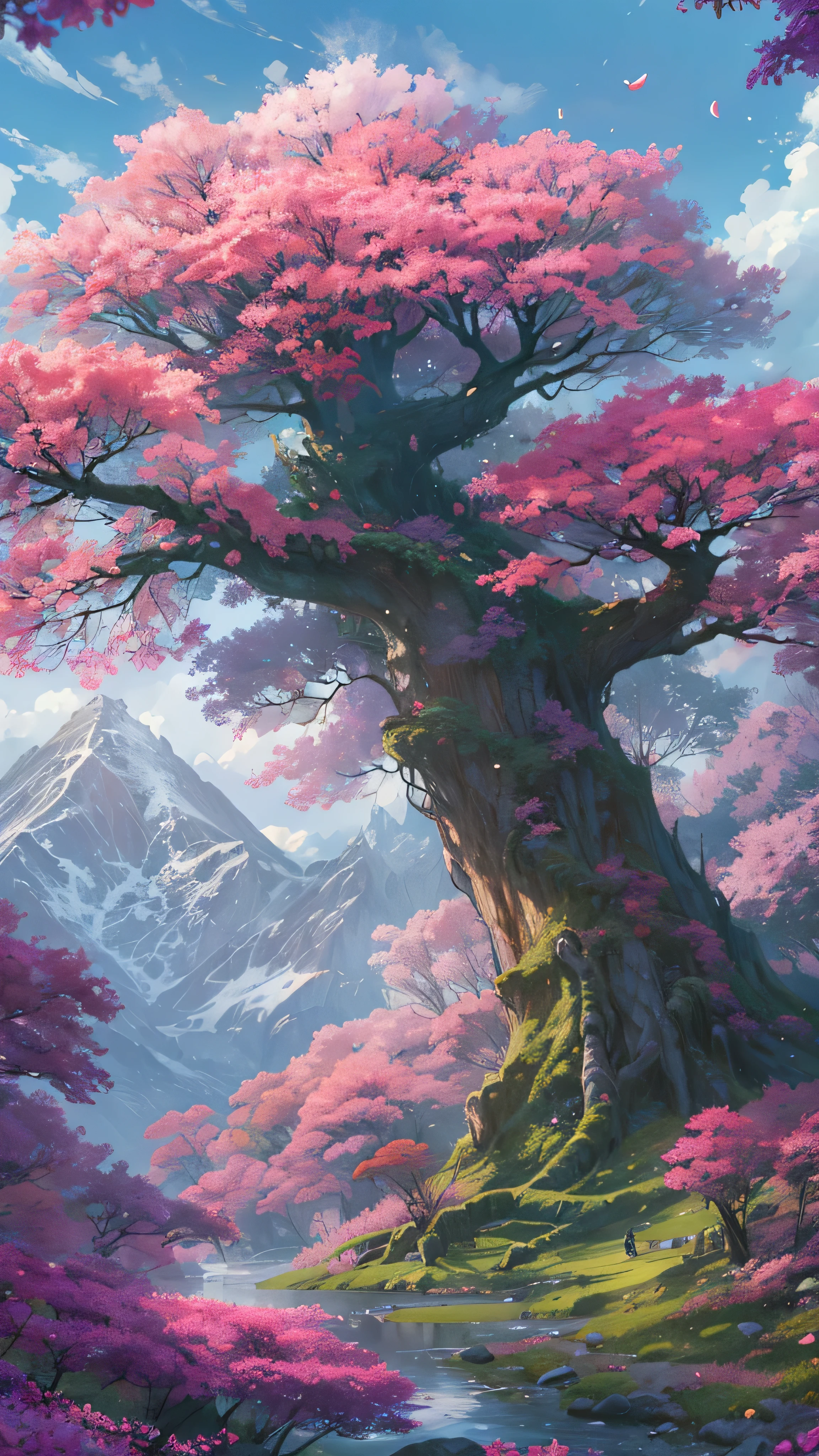 Painting of a tree in a forest with a mountain in the background ...