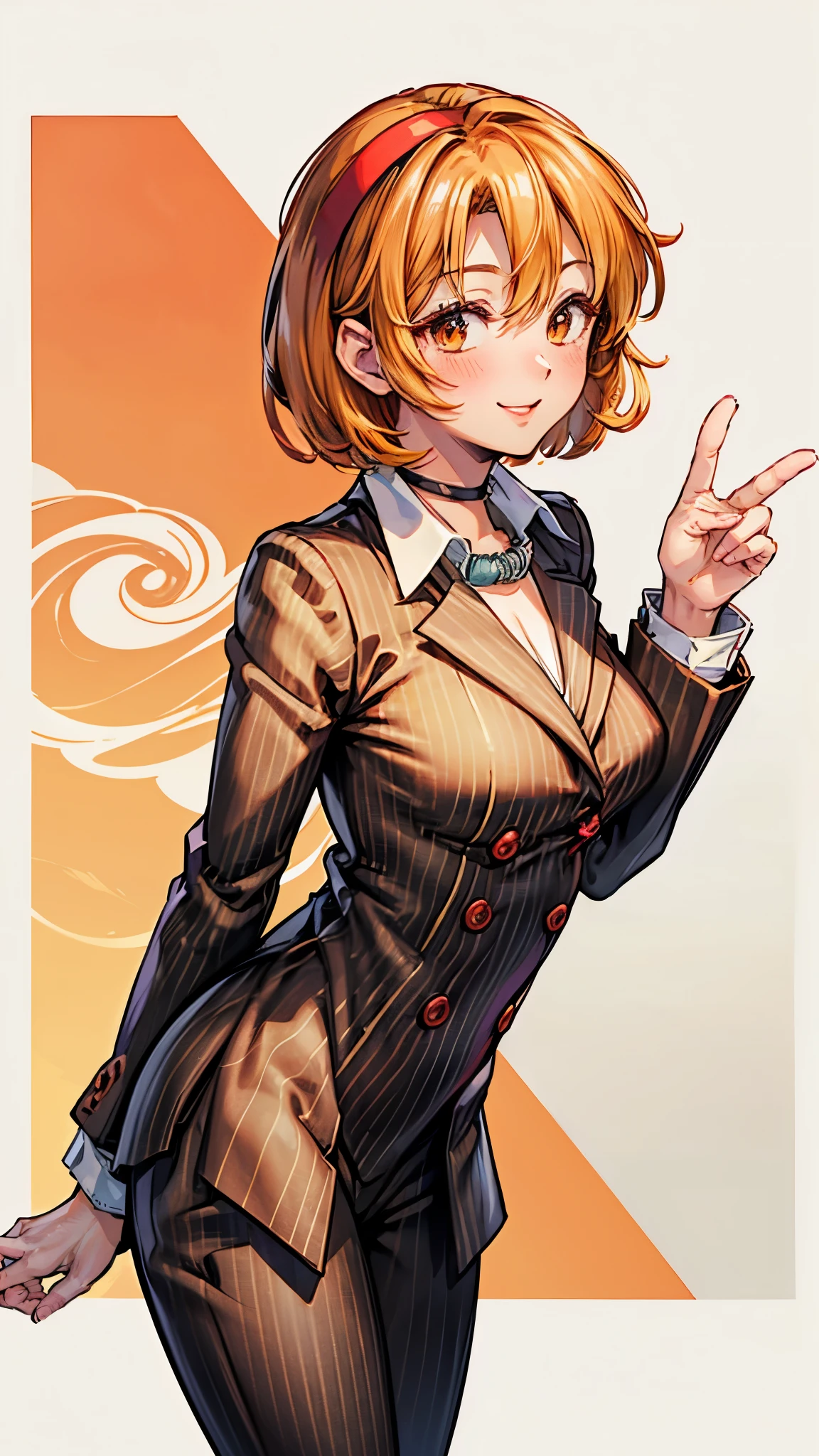 （ Super high quality, super high resolution,16k,super masterpiece,Ultra HD ,Detailed shading and background,）Sexy woman, orange short hair, red headband , Sexy White Shirt ,black suit and pants with striped pattern,smile,blush,Chinatown in the daytime,