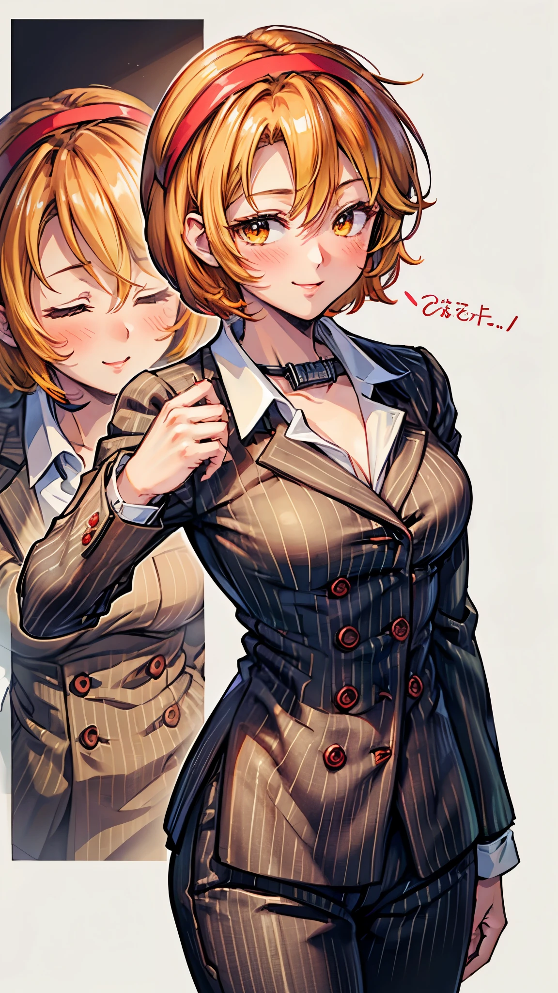 ( Super high quality, super high resolution,16k,super masterpiece,Ultra HD ,Detailed shading and background,)Sexy woman, orange short hair, red headband , Sexy White Shirt ,black suit and pants with striped pattern,smile,blush,Chinatown in the daytime,