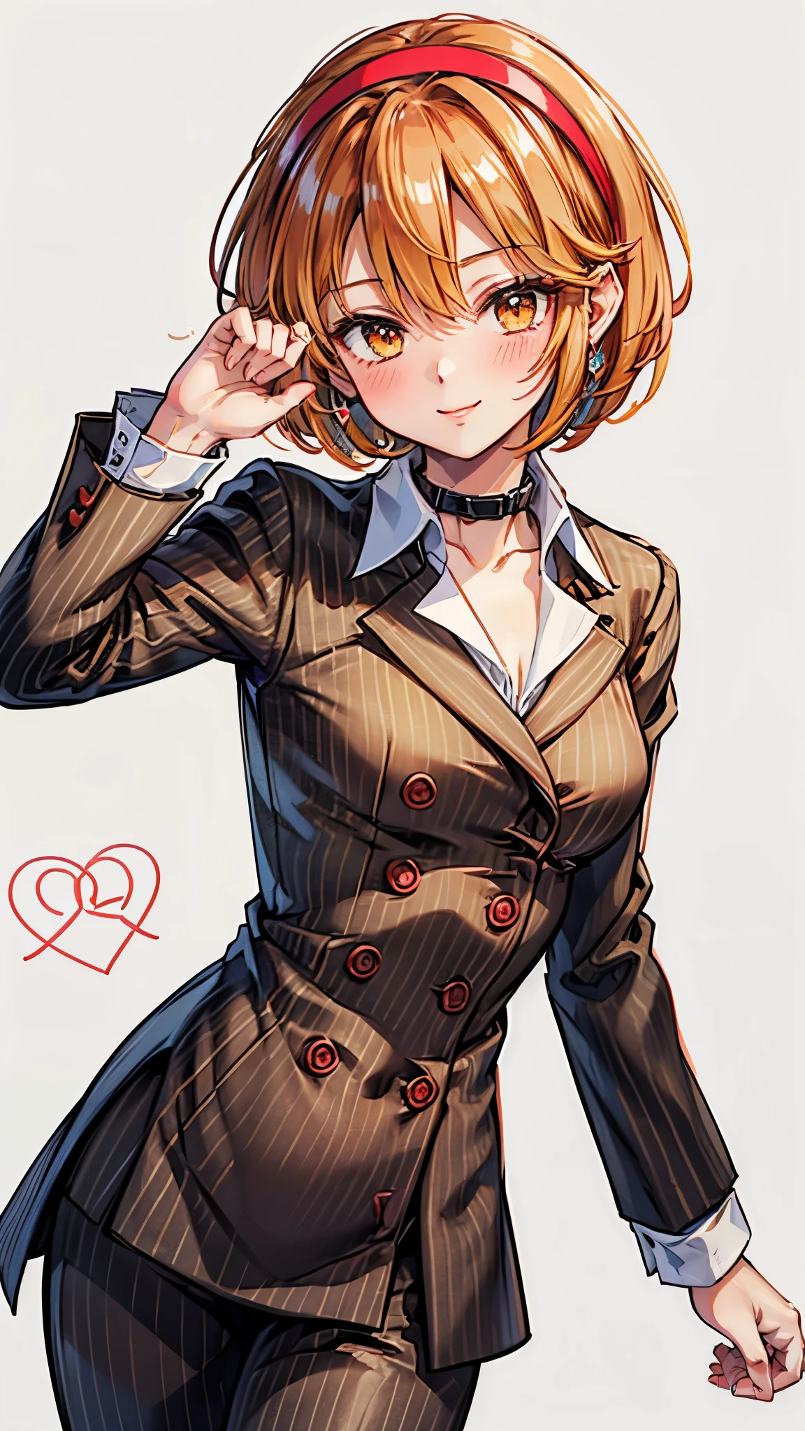 （ Super high quality, super high resolution,16k,super masterpiece,Ultra HD ,Detailed shading and background,）Sexy woman, orange short hair, red headband , Sexy White Shirt ,black suit and pants with striped pattern,smile,blush,Chinatown in the daytime,