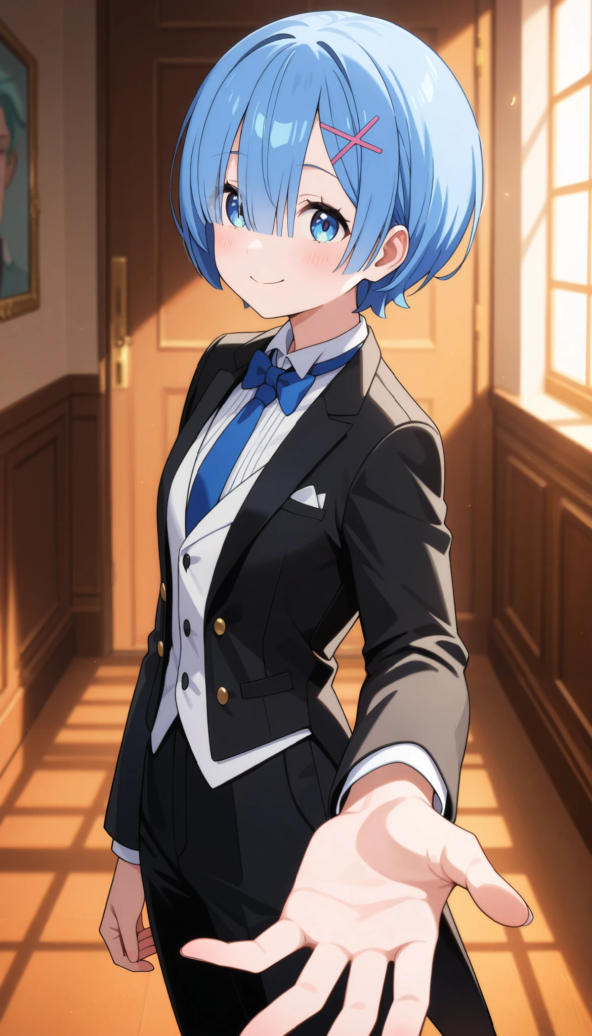 up1girl, solo, rem, blue hair,suit tuxedo , , short hair, bangs, sidelocks, indoors, standing,happy,smile,looking at viewer, cowboy shot, blue tie woman in formal attractive suit tuxedo tailcoat standing in a large alcove in the room, , reaching towards viewer , one hand , badass , hand on back