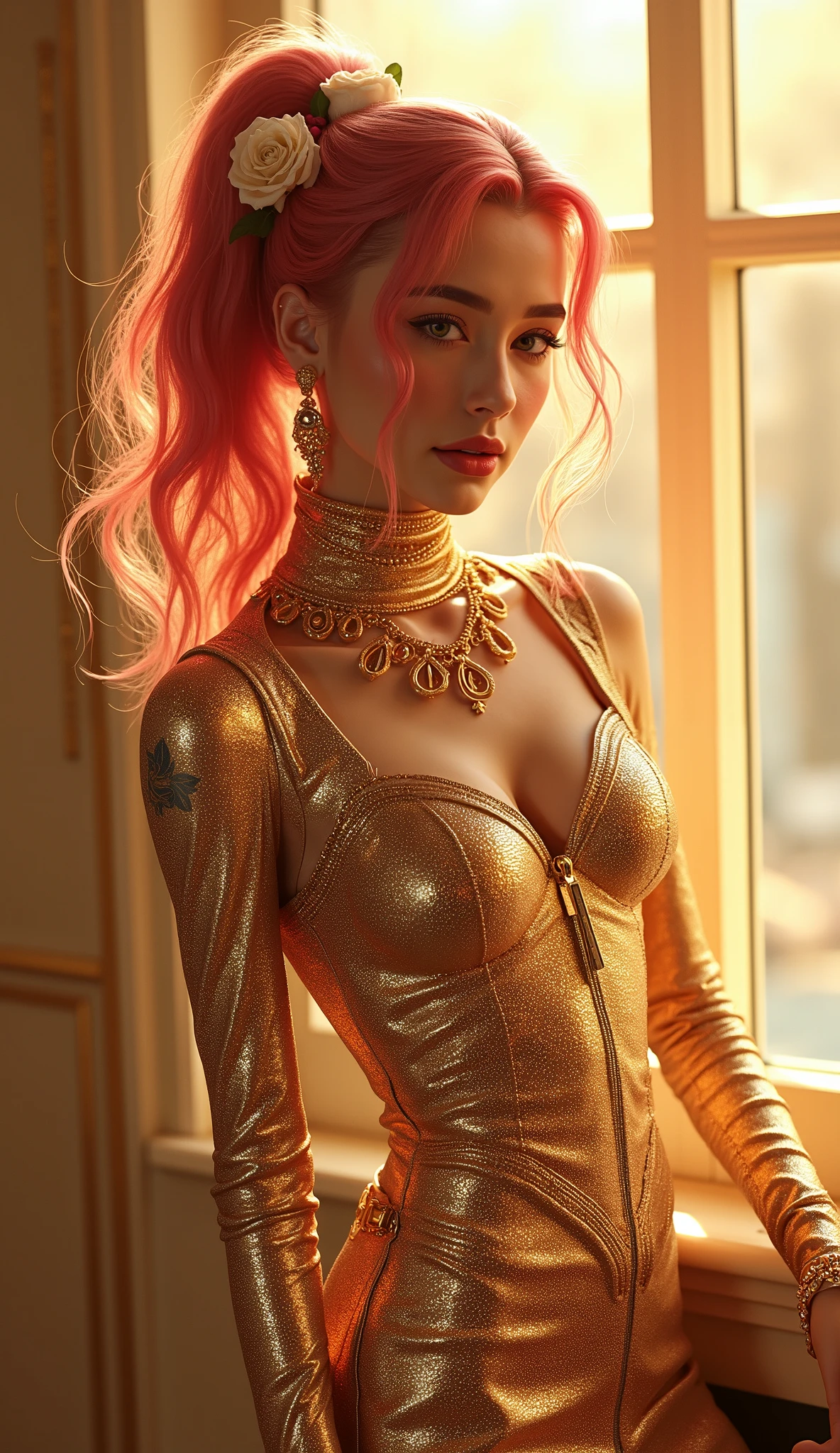 eloquent fashion renders by julian, in the style of ilya kuvshinov, golden light, exotic realism, dan mumford, smooth and shiny, xiaofei yue, ferrania p30::3 , two skinny slim girls in a golden skintight suits is posing in a light room, beautiful Golden light through a window, white and red rose’s in here hair, in the style of hyper-realistic oil, asian-inspired, light silver and light magenta, illustration, shiny/glossy, glamorous hollywood portraits, detailed character illustrations :: 2, a young happy neon pink haired girl in a tight cosmic dress, i can't believe it can be so marvelous and stunning, full-body tattoos, ornate, rococo, grotesque, ornate, art nouveau, symmetrical, turquoise jewelry, red smoke, roses, hypermaximalist, elegant, vintage, hyper realistic, super detailed, pastel colors