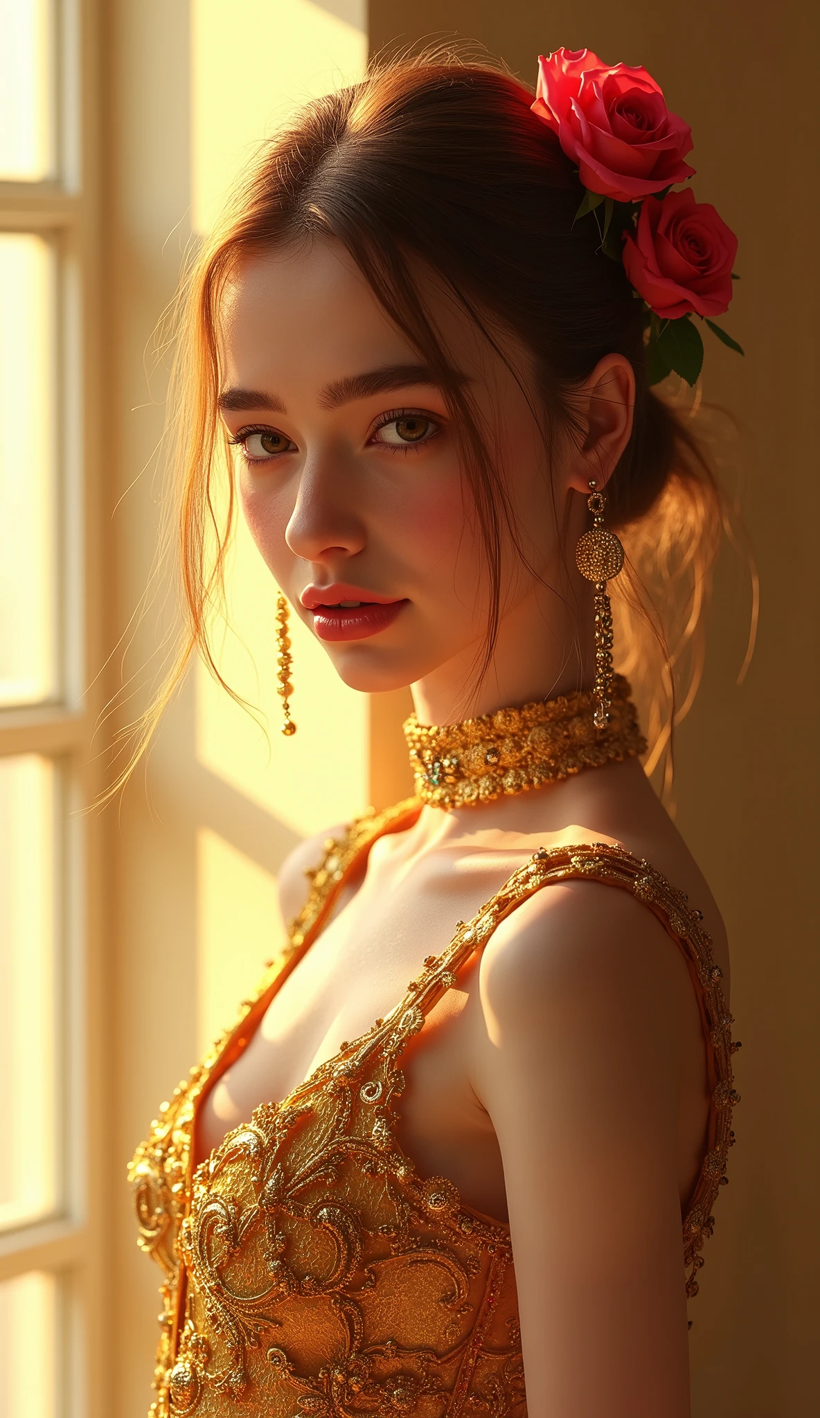 eloquent fashion renders by julian, in the style of ilya kuvshinov, golden light, exotic realism, dan mumford, smooth and shiny, xiaofei yue, ferrania p30::3 , two skinny slim girls in a golden skintight suits is posing in a light room, beautiful Golden light through a window, white and red rose’s in here hair, in the style of hyper-realistic oil, asian-inspired, light silver and light magenta, illustration, shiny/glossy, glamorous hollywood portraits, detailed character illustrations :: 2, a young happy neon pink haired girl in a tight cosmic dress, i can't believe it can be so marvelous and stunning, full-body tattoos, ornate, rococo, grotesque, ornate, art nouveau, symmetrical, turquoise jewelry, red smoke, roses, hypermaximalist, elegant, vintage, hyper realistic, super detailed, pastel colors