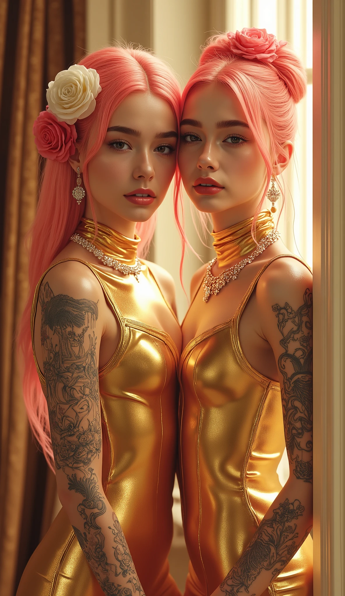 eloquent fashion renders by julian, in the style of ilya kuvshinov, golden light, exotic realism, dan mumford, smooth and shiny, xiaofei yue, ferrania p30::3 , two skinny slim girls in a golden skintight suits is posing in a light room, beautiful Golden light through a window, white and red rose’s in here hair, in the style of hyper-realistic oil, asian-inspired, light silver and light magenta, illustration, shiny/glossy, glamorous hollywood portraits, detailed character illustrations :: 2, a young happy neon pink haired girl in a tight cosmic dress, i can't believe it can be so marvelous and stunning, full-body tattoos, ornate, rococo, grotesque, ornate, art nouveau, symmetrical, turquoise jewelry, red smoke, roses, hypermaximalist, elegant, vintage, hyper realistic, super detailed, pastel colors
