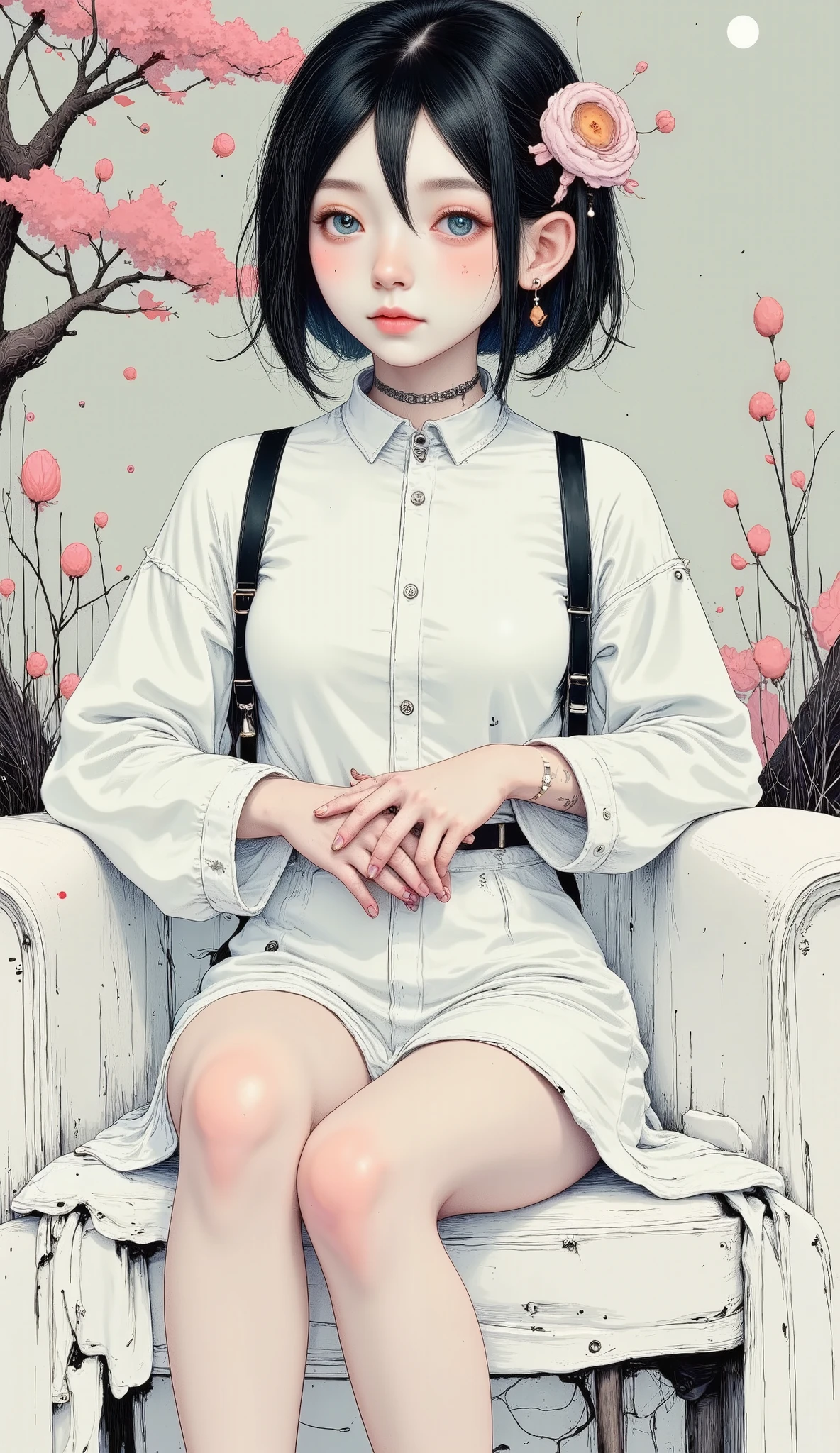 a beautiful young girl, 4k, ultra Detailed , intricate tattoos, Smoking, beautiful and expressive face , long eyelashes , wearing a white blouse and an extra white mini skirt, wearing fancy white high heels , sitting on a white throne, crossed legs , sexy, perfect makeup ,shiny skin, young