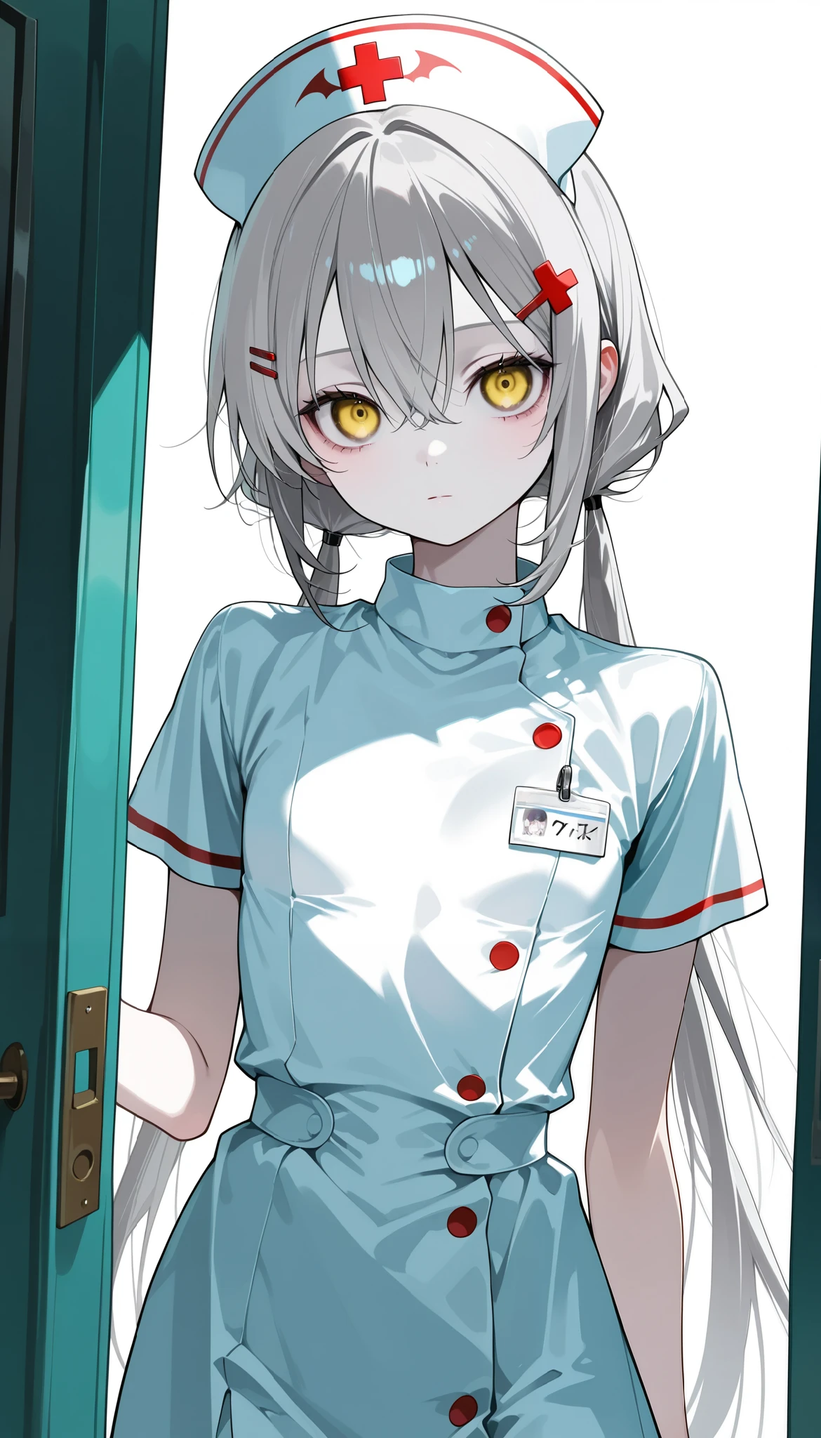 beautician 、 nurse uniform、 Please redeem 、masterpiece、 one girl、2、 white skin、 expressionless 、 raise the corner of the mouth、Gray Hair。 twin tails、 hair clip 、大きな hair clip 、Cute hair clip s、 pale yellow eyes like Halloween 、 flat chest、 small breasts、 small breasts、Dead Eyes、 Dead Man 's eyes、
