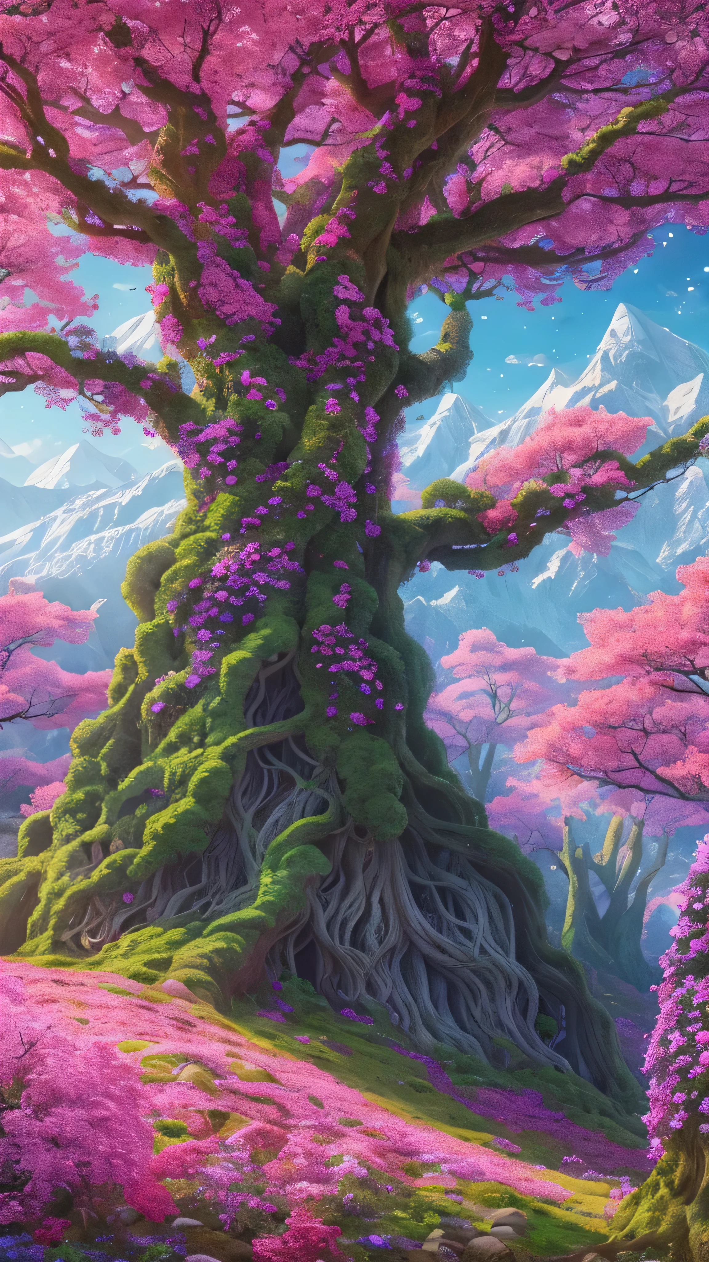 highdefinition images , Giant Tree々 Mysterious forest where colorful magical beings hide in branches, 8k,Beautiful colorful flowers々 Forest with good quality giant trees blooming in red 、 a forest believed to be inhabited by fairies 、Snowy mountains in the background