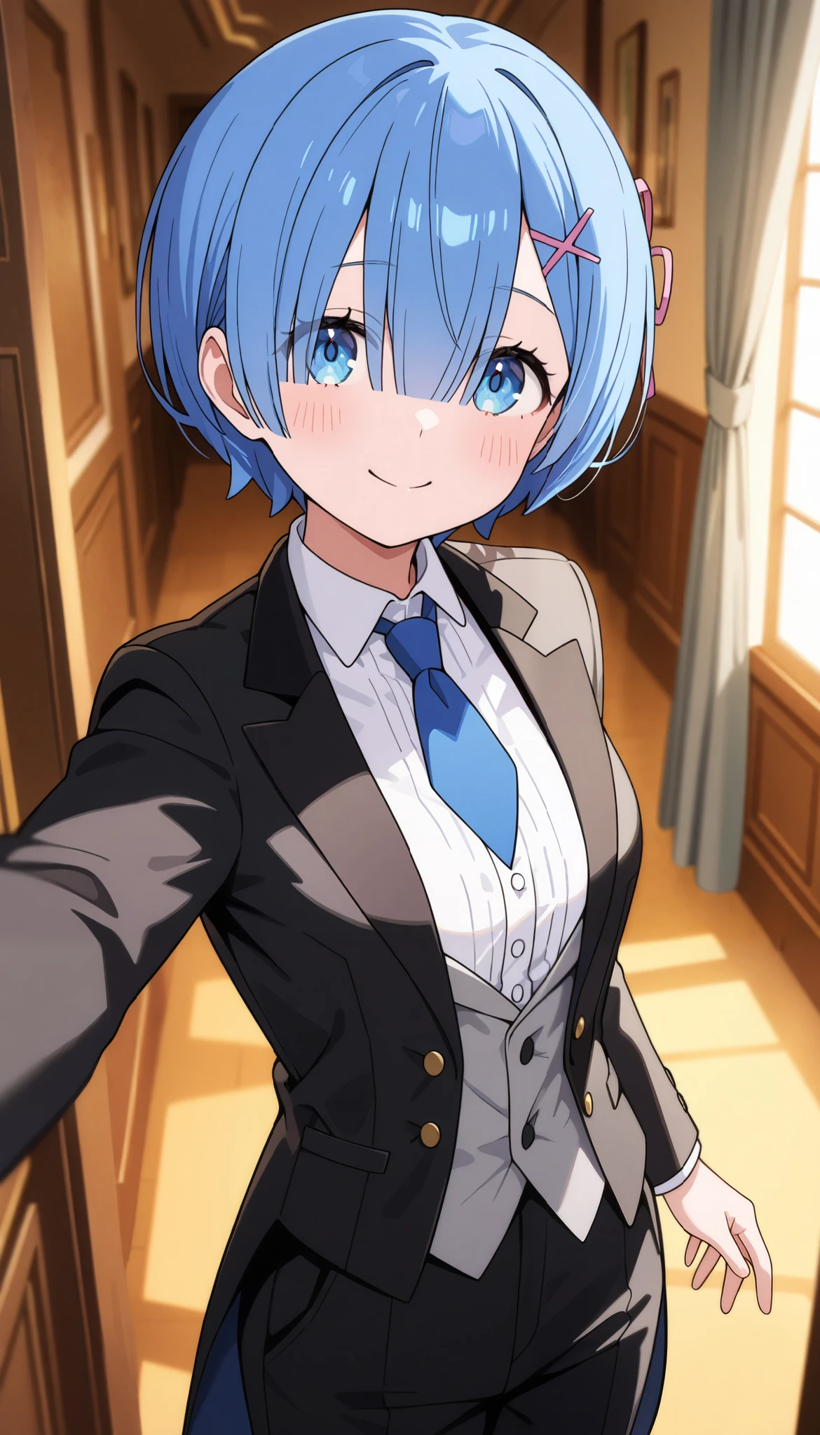 up1girl, solo, rem, blue hair,suit tuxedo , , short hair, bangs, sidelocks, indoors, standing,happy,smile,looking at viewer, cowboy shot, blue tie woman in formal attractive suit tuxedo tailcoat standing in a large alcove in the room, , reaching towards viewer , one hand , badass , hand on back