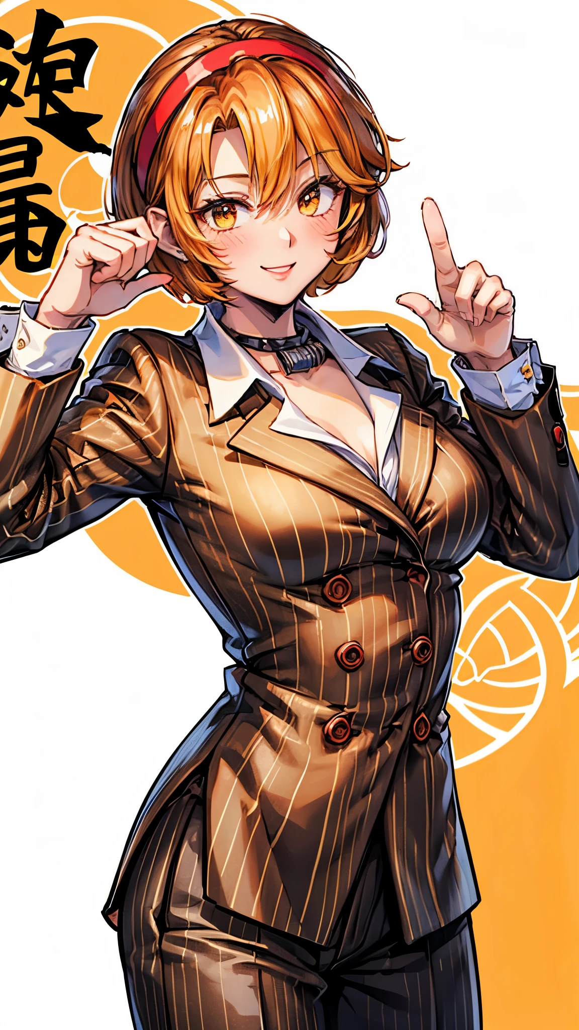 ( Super high quality, super high resolution,16k,super masterpiece,Ultra HD ,Detailed shading and background,)Sexy woman, orange short hair, red headband , Sexy White Shirt ,black suit and pants with striped pattern,smile,blush,Chinatown,