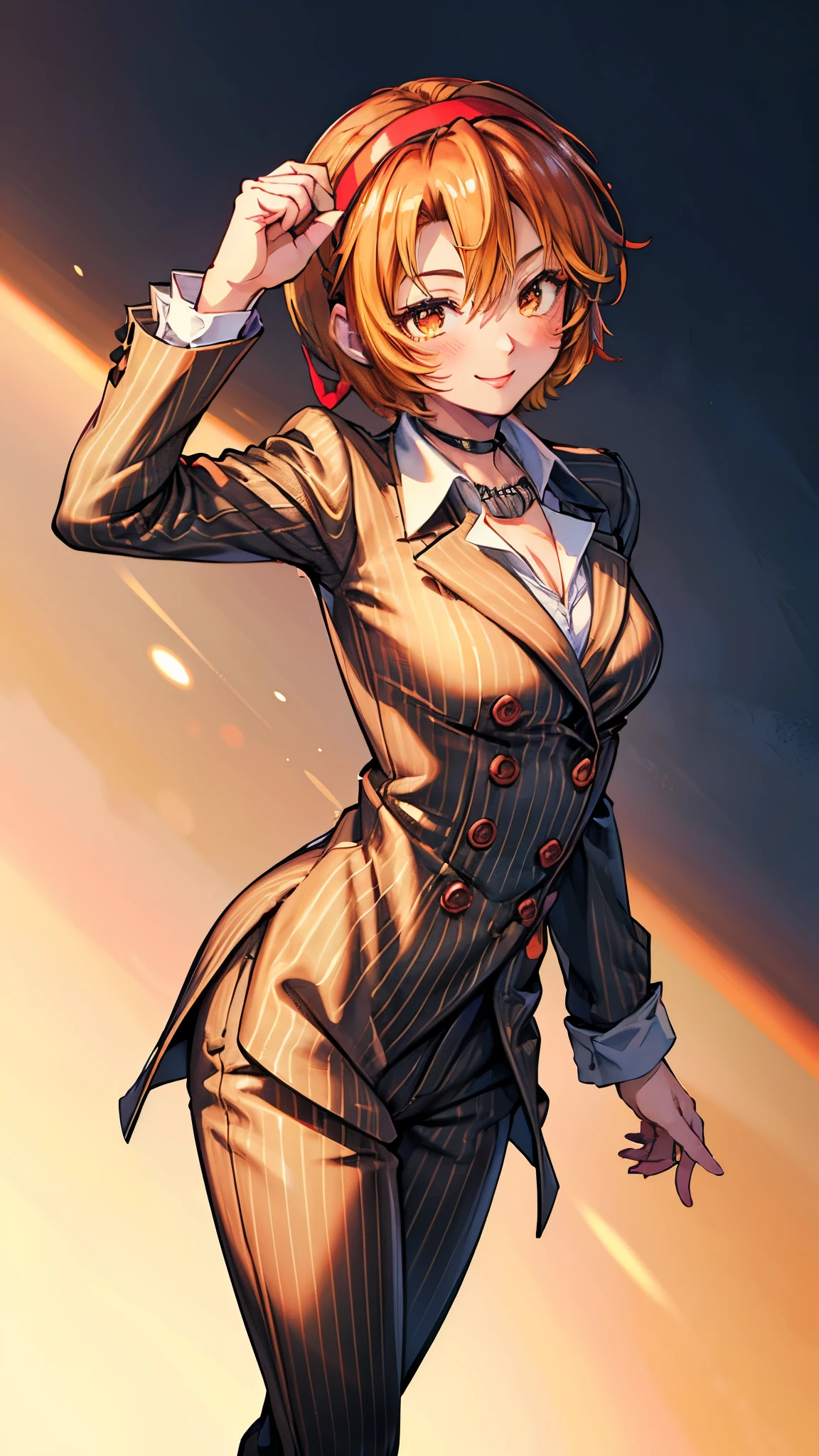 ( Super high quality, super high resolution,16k,super masterpiece,Ultra HD ,Detailed shading and background,)Sexy woman, orange short hair, red headband , Sexy White Shirt ,black suit and pants with striped pattern,smile,blush,Chinatown,