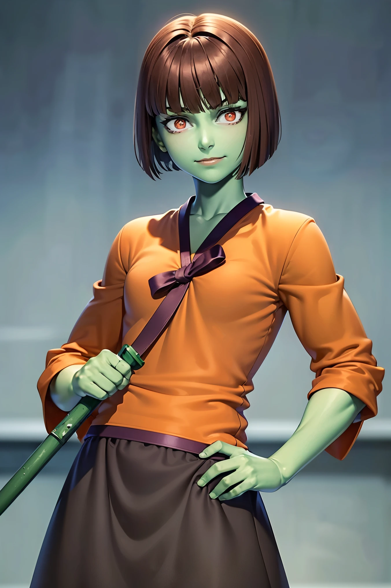 (4k,8k,best quality, masterpiece:1.2), ultra-detailed, realistic, realism, perfect face, perfect nose, perfect hands, detailed hair, detailed eyes, detailed lips, realistic colors, studio lightning, (((cowboy shot)), small mouth, looking at viewer, 1girl, ( red eyes,glowing eyes,brown hair,short hair, green skin, muscular :1.3),((adult)),(30yo),smirk,anak zahard, whip sword, whip, (fighting pose)