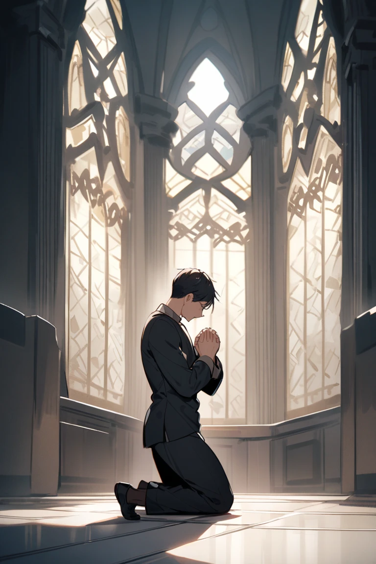，Masterpiece, Best quality，8K, 超高分辨率，In an abandoned church，The grieving man kneels before the altar and prays silently。（Close-up）
