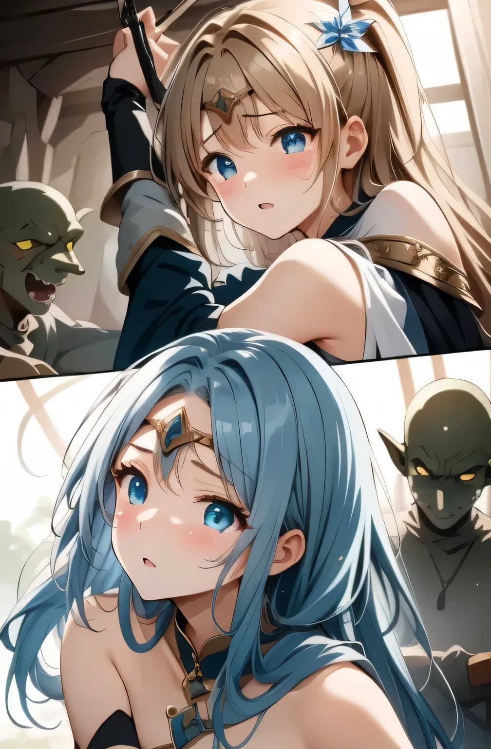 (Masterpiece、 best quality 、 super high resolution )、( Perfect Faces 、 beautiful face、 beautiful eyes)、( Comic 、 manga 、story)、 hero 、sword 、 boots、 gloves、 girl tied with cloth clothes 、 shield 、 Swinging the Sword 、 CIRCLET 、Ruins、 Imprisonment、Prisoner、 Flower hair ornament、cry、 goblinsが胸を吸う、 goblins