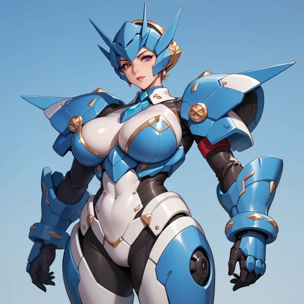 8k，best quality，masterpiece，Very detailed，Semi-realistic，a girl，White off-shoulder top，White gloves，White and red striped tight skirt，Silver wavy short hairstyle，Red eyeakeup Eyeshadow，Lipstick，Smile，science fiction apocalypse，Fighter warehouse，chest mecha，Large Breasts，Arm mecha，Mecha belt