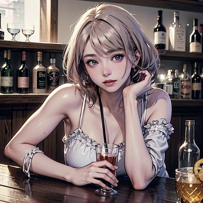 masterpiece, best quality, high quality, detailed, ultra detailed, hyper detailed, insanely detailed, exquisite, beautiful, FHD, Full-HD, 4K, 8K, 16K, highres, absurdres,bar,jazz,(bartender),1girl,wide shot,She makes alcohol