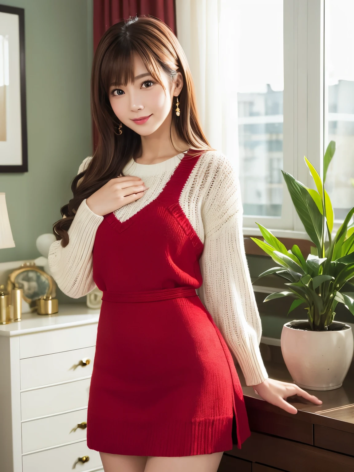 (On a table, Best quality, realistically, ultra - detailed, meticuloso, A high resolution, 8k wallpaper), Close-up portrait of a beautiful woman, Chariada, Smiling, light brown messy hair, Perfect dynamic composition, 美丽meticuloso的眼睛, Just like the cover of a fashion magazine, On campus
