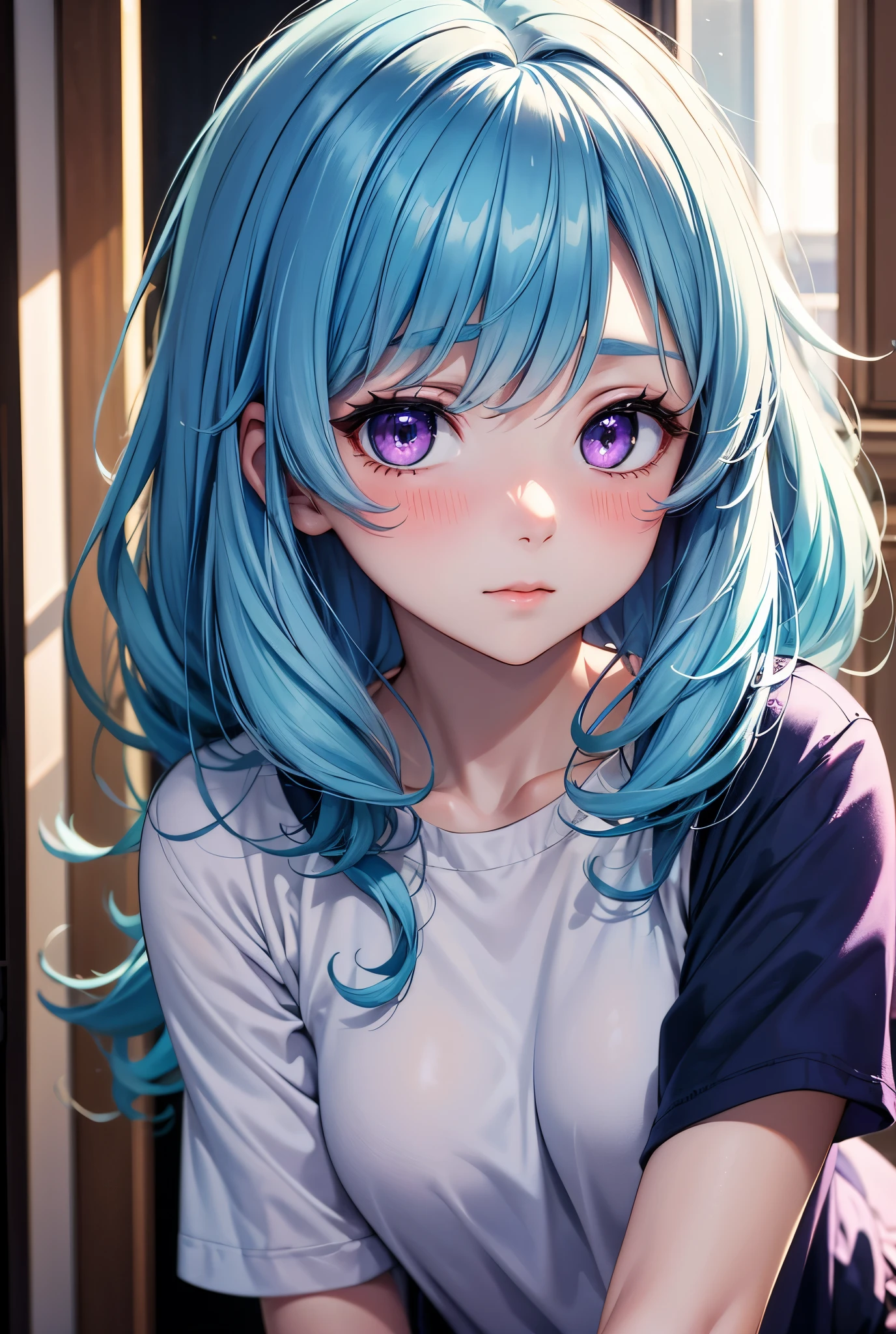 Anime girl with blue hair and purple eyes sitting on a window sill ...