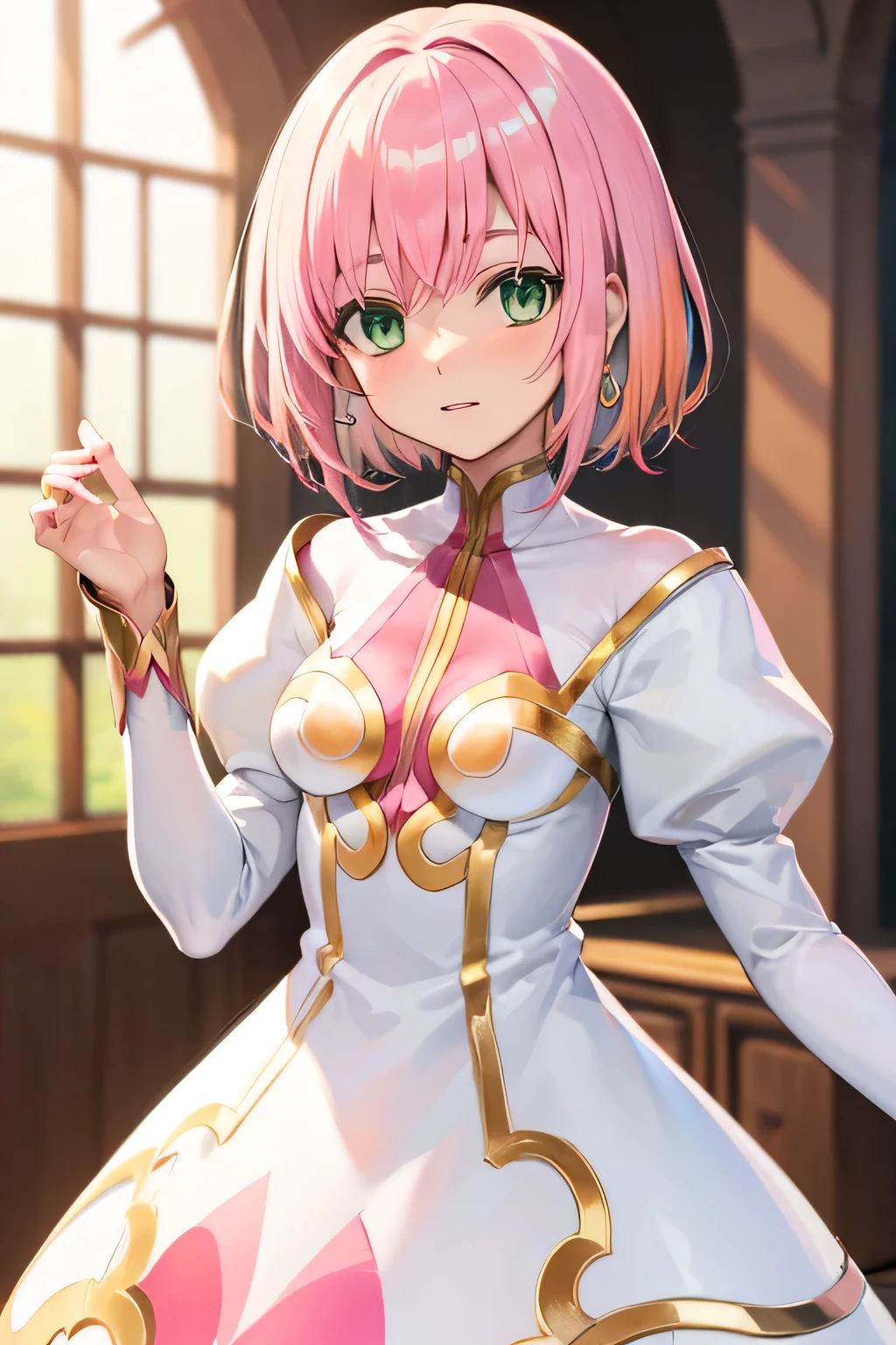  best quality, highest resolution,(((white dress with metallic luster　 green eyes　shiny pink hair　small breasts)))　Estellise　[blurry]　16k　Castle