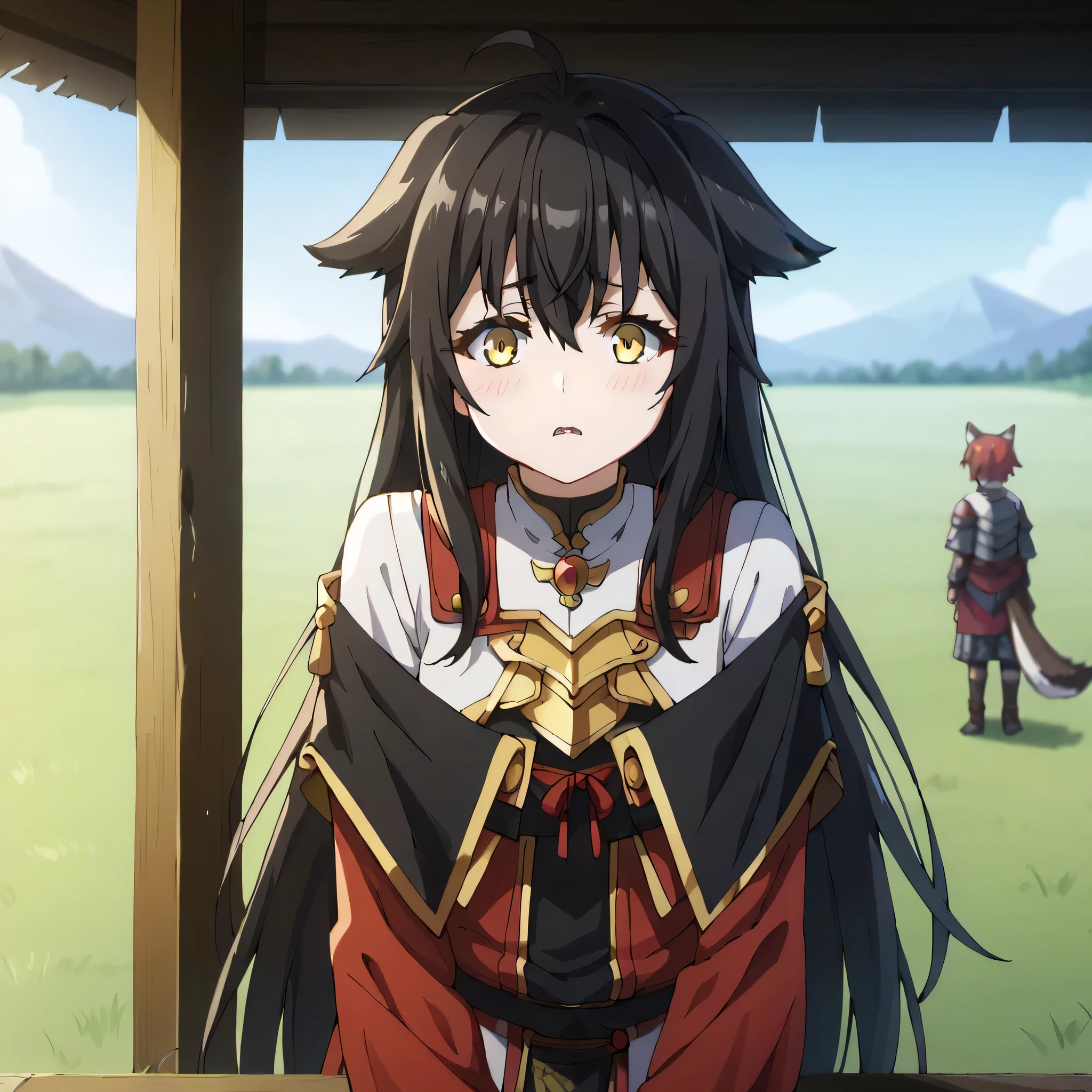 3girls, solo, masterpiece, anime, indoors,field, lighty black armor, shoulder black armor, black hair, long hair, fox ears down, skunk tail, ahoge, hair flaps, shy, amber yellow eyes, 1 girl, black outfit, red hair,