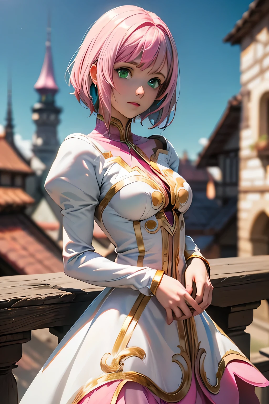  best quality, highest resolution,(((white dress with metallic luster　 green eyes　shiny pink hair　small breasts)))　Estellise　[blurry]　16k　Castle