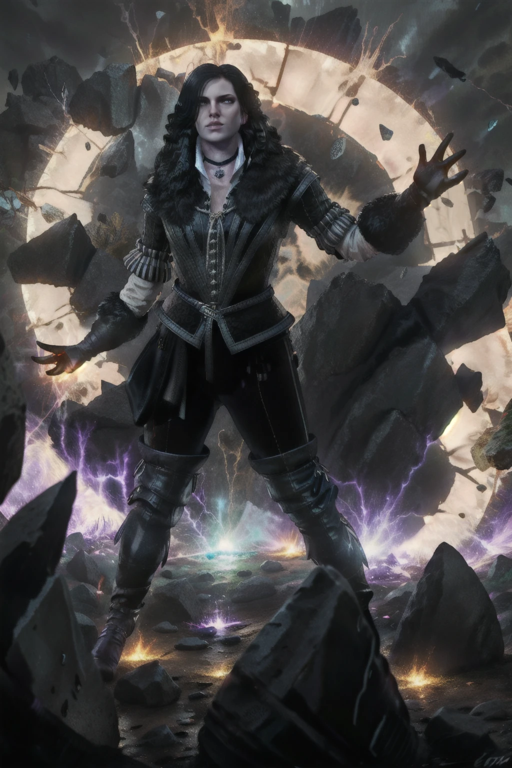 (masterpiece, best quality:1.2), 1 girl, solo, long black hair, floating hair, black jacket, fur trim, gloves, rock, glowing debris, magic, purple eyes, looking at the viewer, yennefer of vengerberg