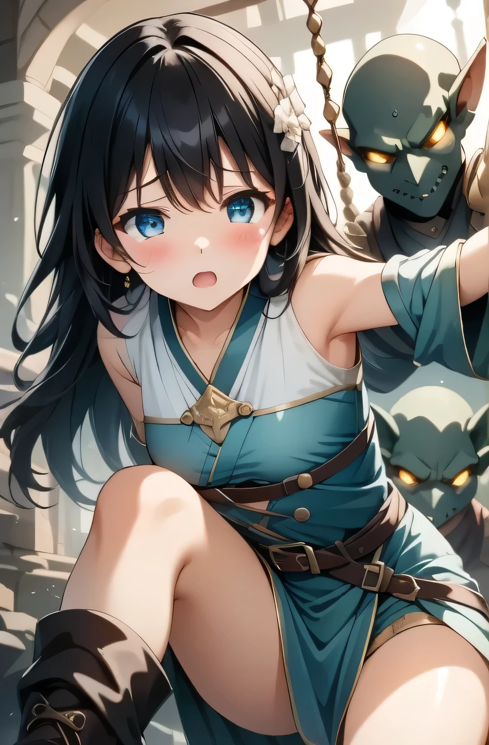 (Masterpiece、 best quality 、 super high resolution )、( Perfect Faces 、 beautiful face、 beautiful eyes)、( Comic 、 manga 、story)、 hero 、sword 、 boots、 gloves、 girl tied with cloth clothes 、 shield 、 Swinging the Sword 、 CIRCLET 、Ruins、 Imprisonment、Prisoner、 Flower hair ornament、cry、 goblinsが胸を吸う、 goblins