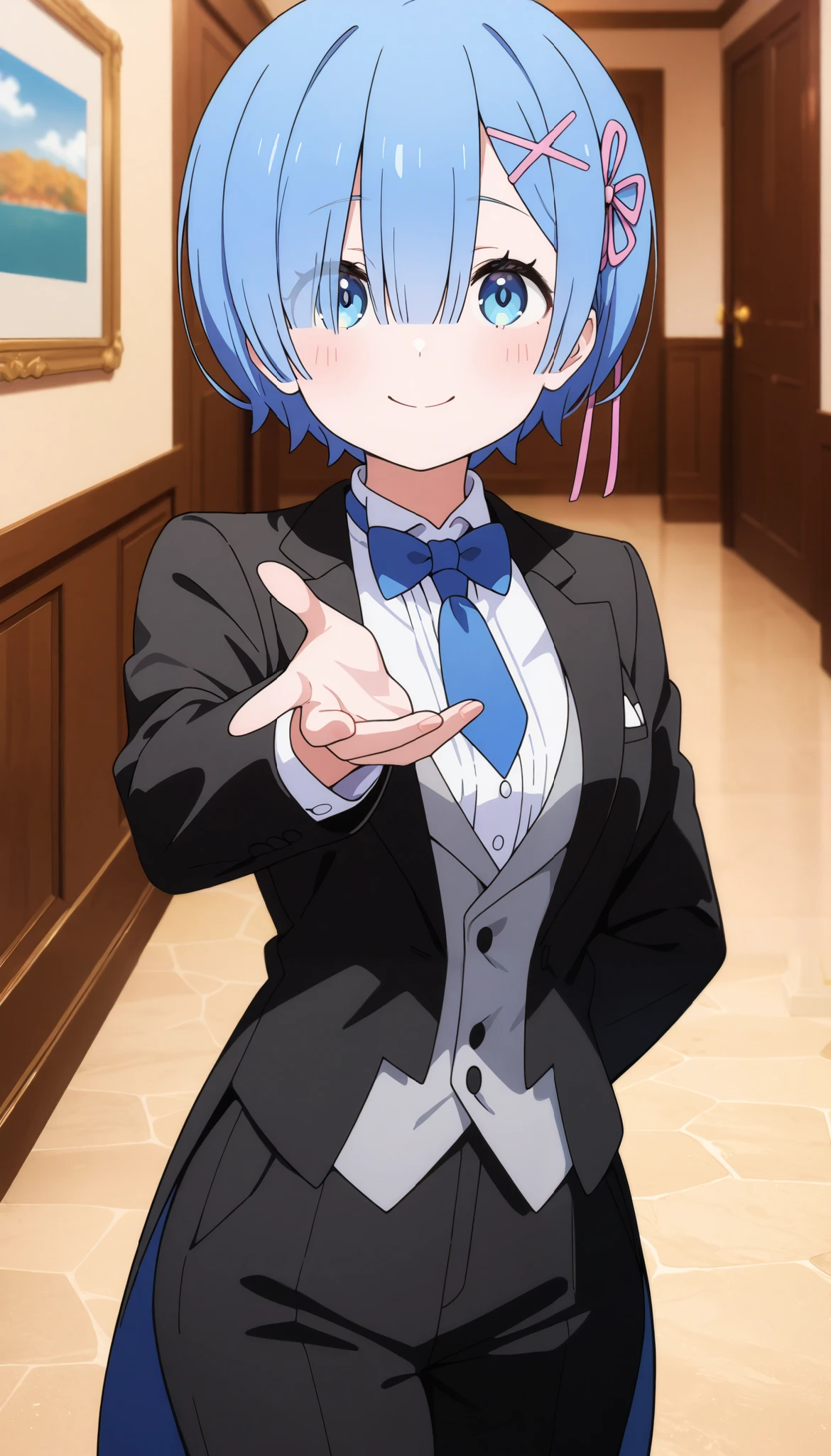 up1girl, solo, rem, blue hair,suit tuxedo , , short hair, bangs, sidelocks, indoors, standing,happy,smile,looking at viewer, cowboy shot, blue tie woman in formal attractive suit tuxedo tailcoat standing in a large alcove in the room, , reaching towards viewer , one hand , badass , hand on back