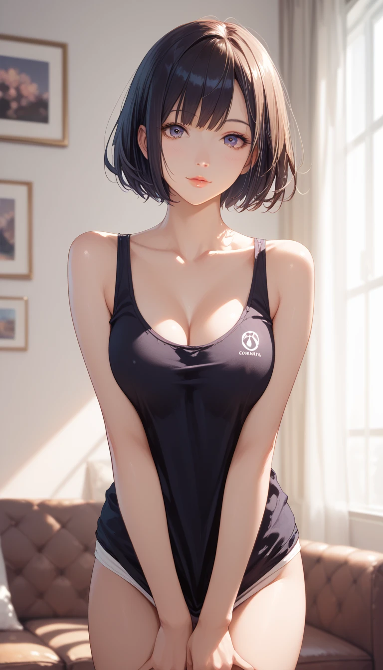 わきDownを見せない, Down,  no background,  becomes transparent when you stare at it {x}, PE, front view, cowboy shot,  perfect and beautiful face, Beautiful breasts, slim, short bob hair, Tank top, arms between legs,