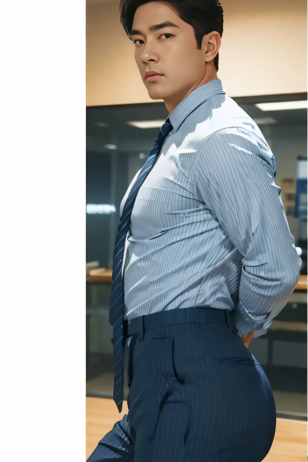 40-year-old boy ,Korean bulky male officer ,Wear navy blue police uniform shirt................ pinstripe navy blue smooth tight trouser, transparent pants obvious underwear print ,((unrealistic super big tight butt wearing pants)), legs wide open, legs on shoulder, missionary POV, men drooling ,8K,Cinematic lighting effects,Textured skin,best qualtiy