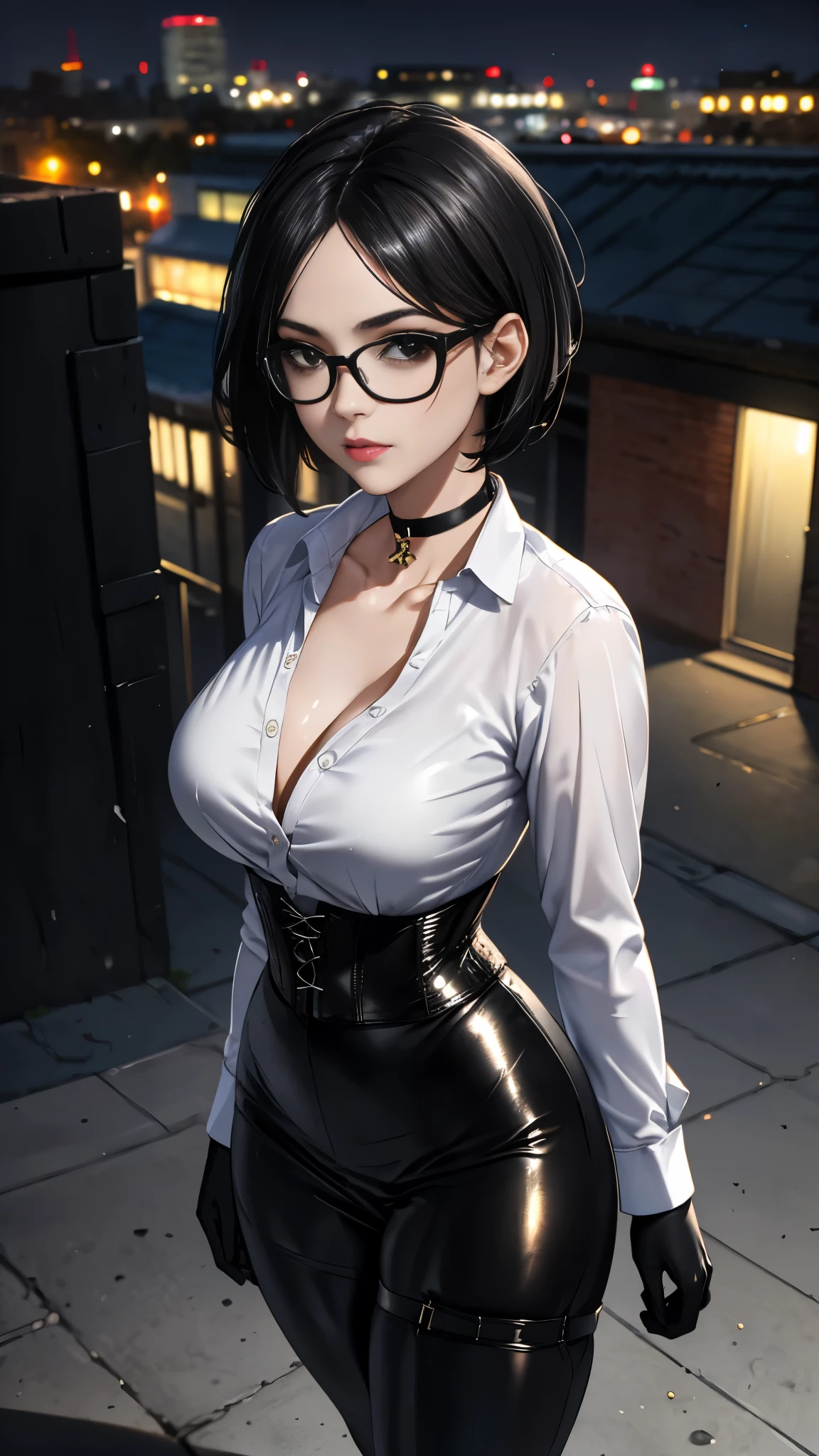 body masterpiece, best quality skirt, HDR-10, volumetric lighting , ( perfect hands), There is a person, standing, (pose sexy), ( seen from above ), looking at the spectator, seductive look, beautiful breasts, Detailed eyes, black eyes , sensual lips, wild short black hair , glasses, choker : 1.6, ((white long sleeve buttoned shirt)), (black straps), (black leather corset), ( shiny black leggings), black gloves , ((thigh harness)), street, city, at night
