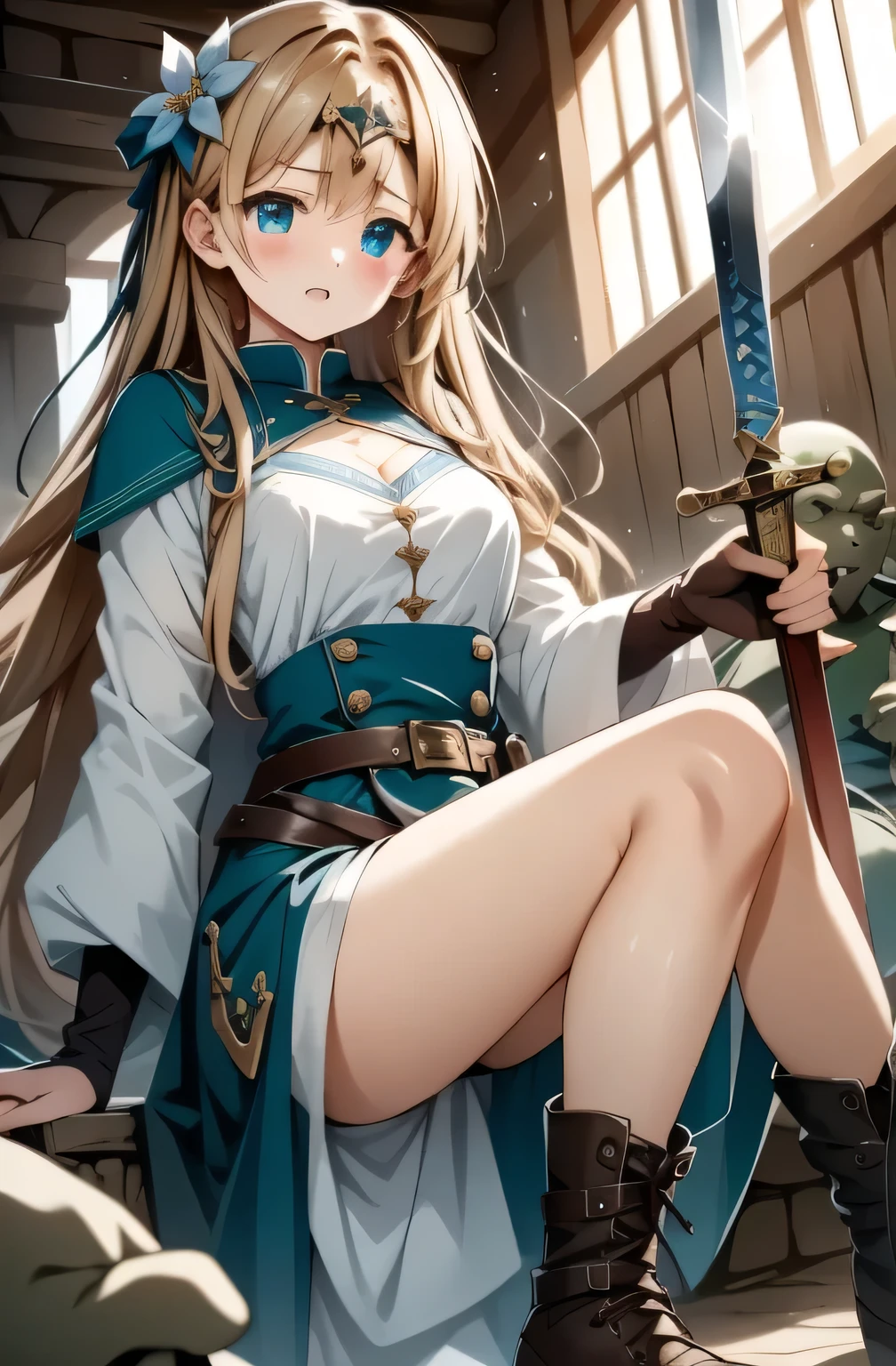 (Masterpiece、   best quality 、    super high resolution )、(   Perfect Faces  、  beautiful face、   beautiful eyes)、( Comic 、  manga  、story)、  hero  、sword  、  boots、  gloves、 girl tied with cloth clothes 、  shield  、 Swinging the Sword 、   CIRCLET    、Ruins、  Imprisonment、Prisoner、 Flower hair ornament、cry、 goblinsが胸を吸う、 goblins
