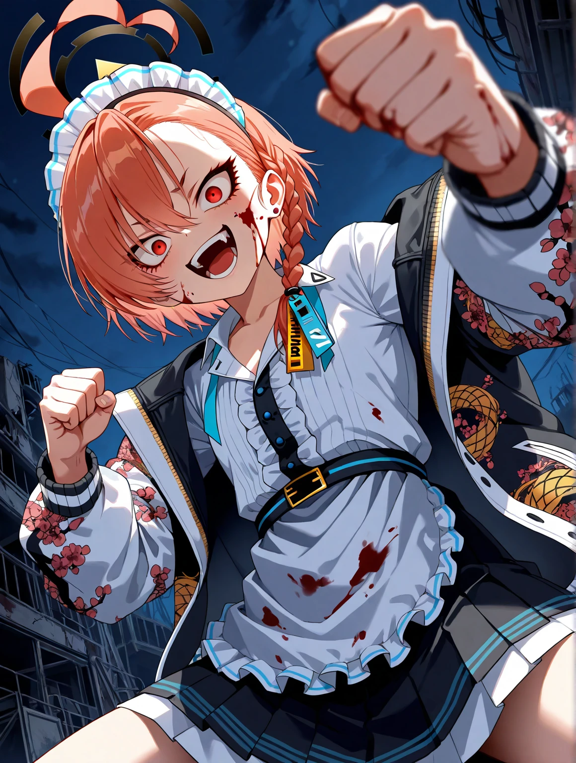 masterpiece, best quality, looking at viewer, facing viewer, bare legs, 1girl, solo, upper body, bow, disgusted face, night time, dark city street , overly long sleeves, hands in sleeves, blood tears, blood marks, dark corner, blood splattered on the ground, red bright light, yellow glowing eyes, holding knife, creepy smile, crazy eyes, laughing, holding knife, heart shaped eyes,1girl, solo, insane, crazy, closer view, looking at viewer, blood, knife,pupils, ((yellow and black colors)), ((yellow and black palette)), (((noir))), (((noir style)), sitting, crazy laughing, glowing blue eyes, insane face, corner of wall background, holding knife, blood on knife, wearing school uniform, reaching out, yandere, stab wounds, raining,